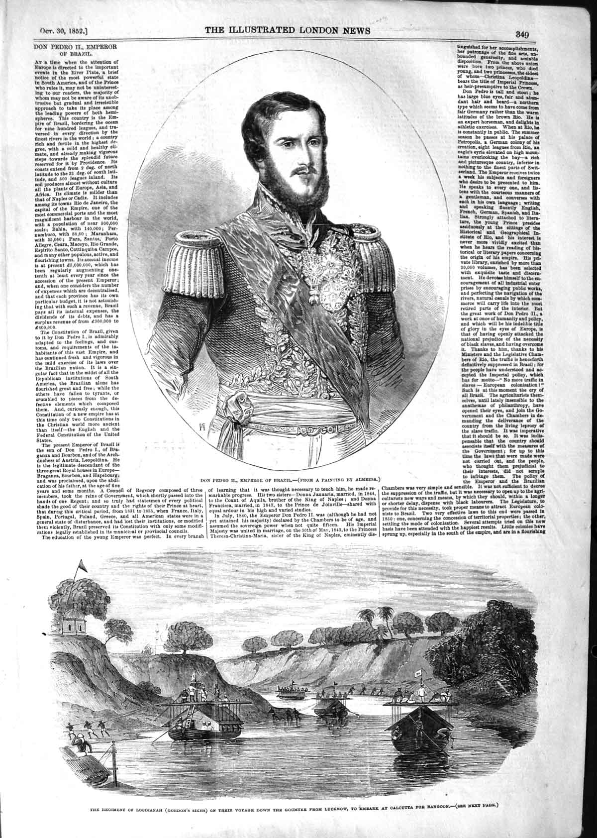 Original Old Antique Print 1852 Don Pedro Emperor Brazil Loodianah Gordo 19th