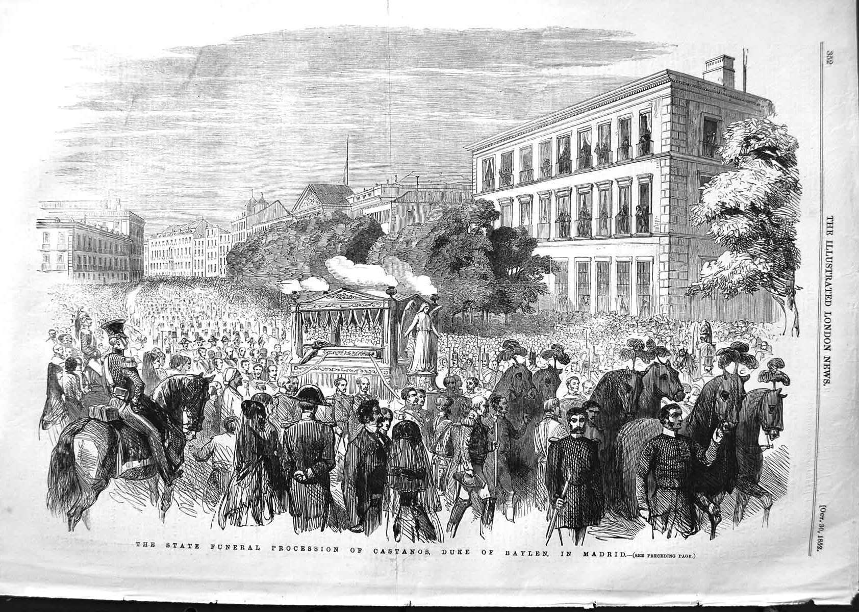 Original Old Antique Print 1852 State Funeral Procession Castanos Duke Victorian