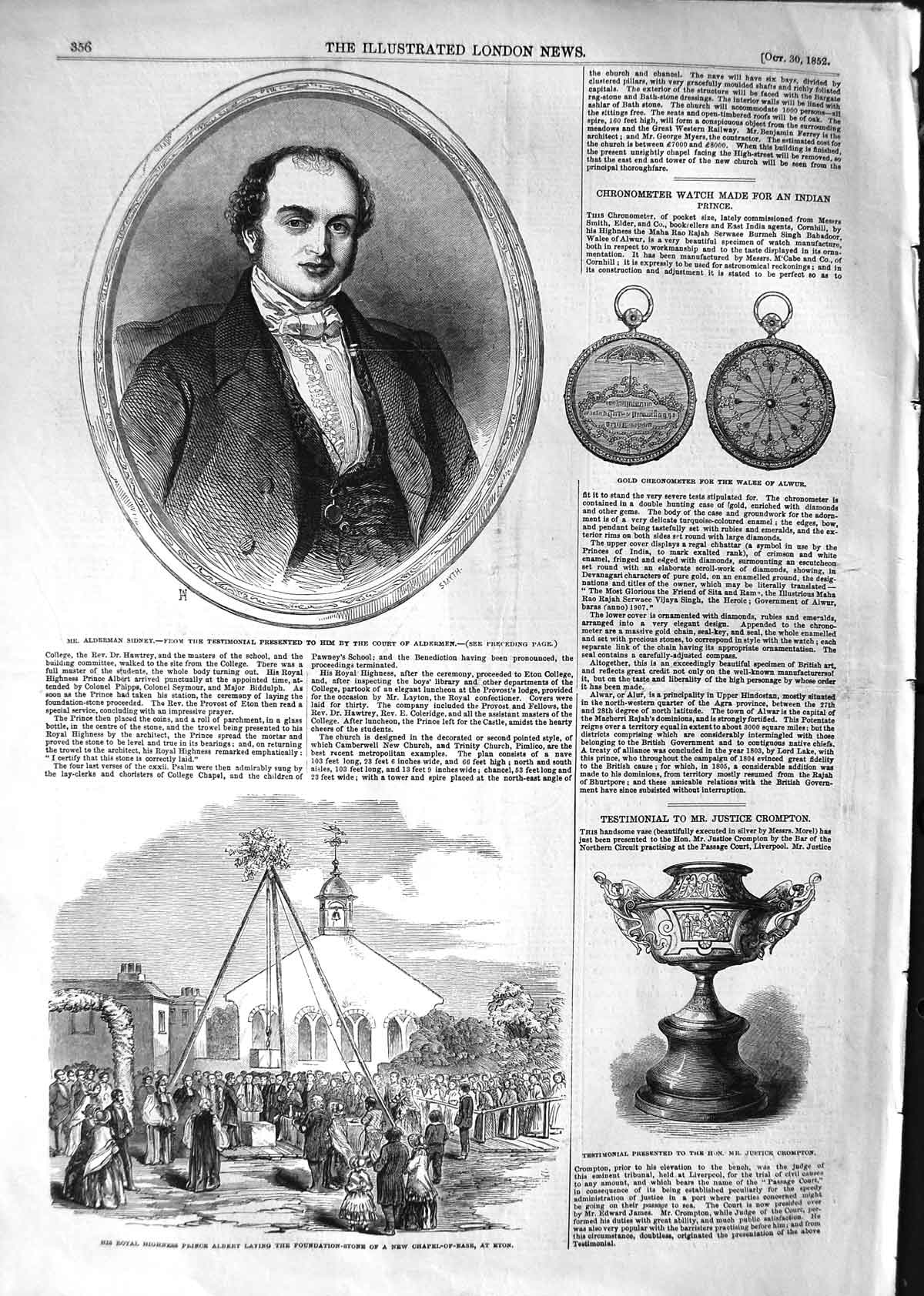 Old Antique Print 1852 Alderman Sidney Prince Albert Chapel-Of-Ease Eton 19th