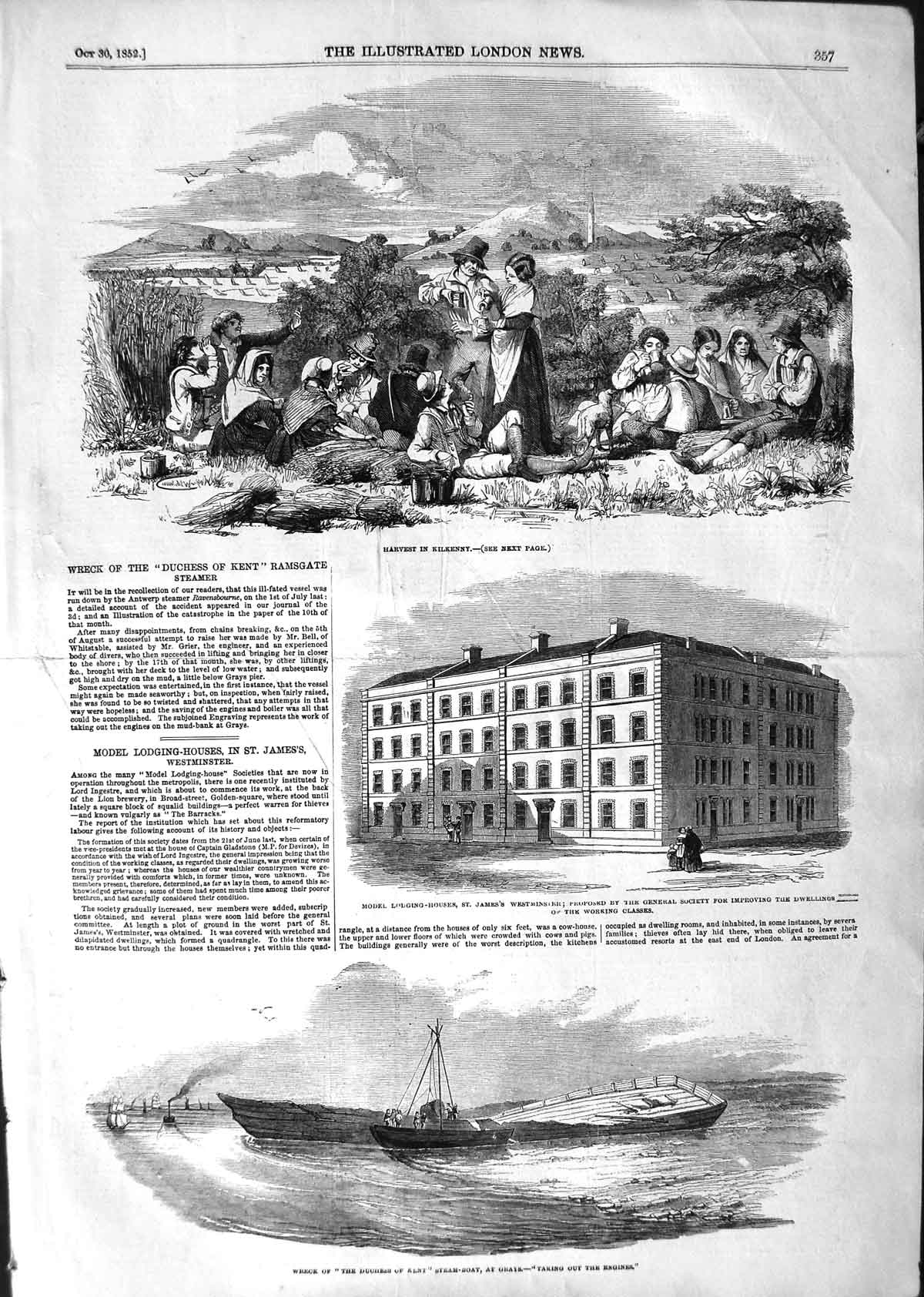 Original Old Antique Print 1852 Harvest Kilkenny Ship Duchess Kent Westminster