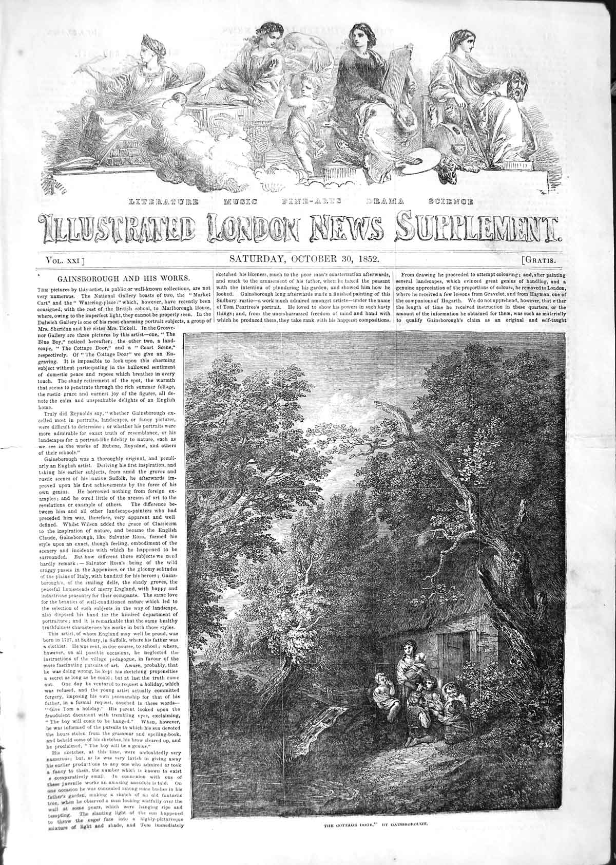 Original Old Antique Print 1852 Gainsborough Fine Art Cottage Door Woods Family