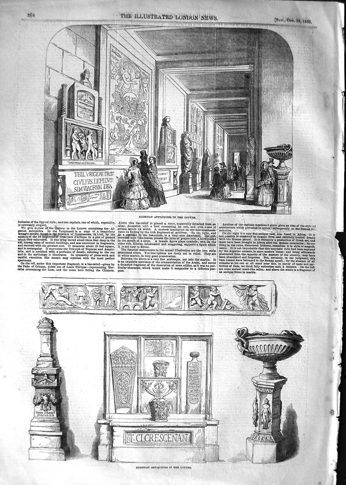 Original Old Antique Print 1852 Algerian Antiquities Louvre Archaeology 19th