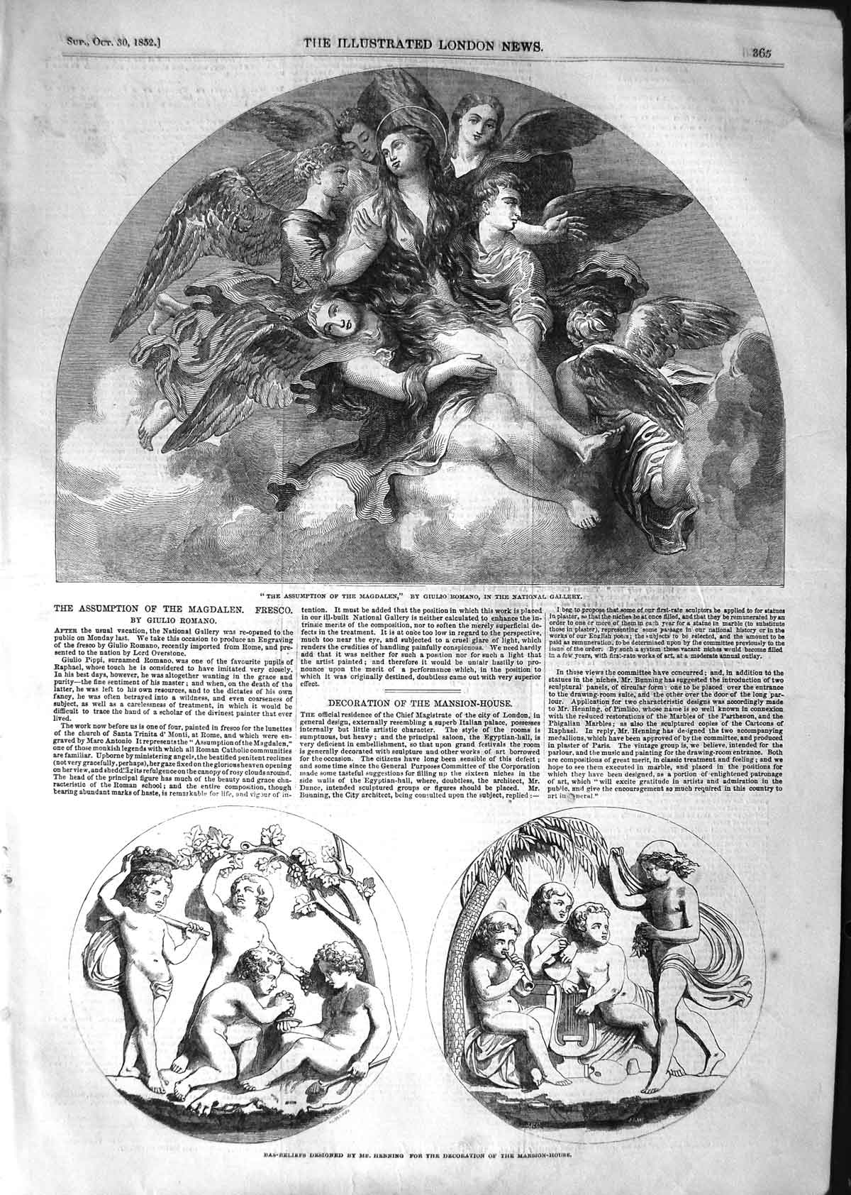 Old Antique Print 1852 Bas-Reliefs Henning Mansion-House Magdalen Romano 19th