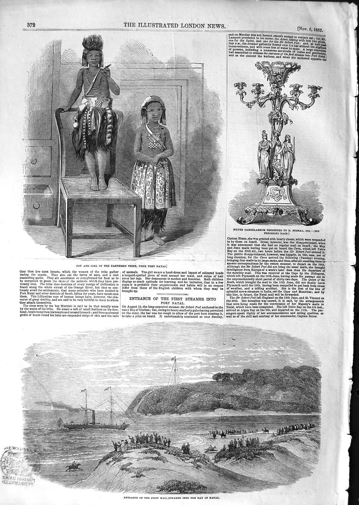 Original Old Antique Print 1852 Boy Girl Earthmen Tribe Port Natal Mail Shi 19th
