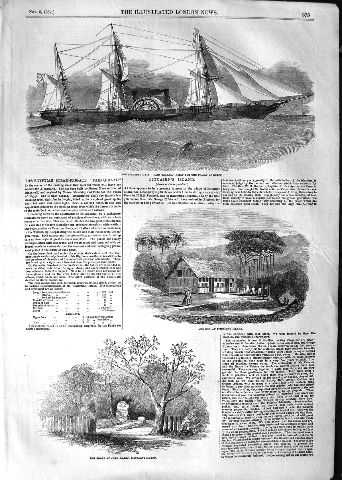 Original Old Antique Print 1852 Steam-Frigate Ship Faid Gihaad Church Pitcairn