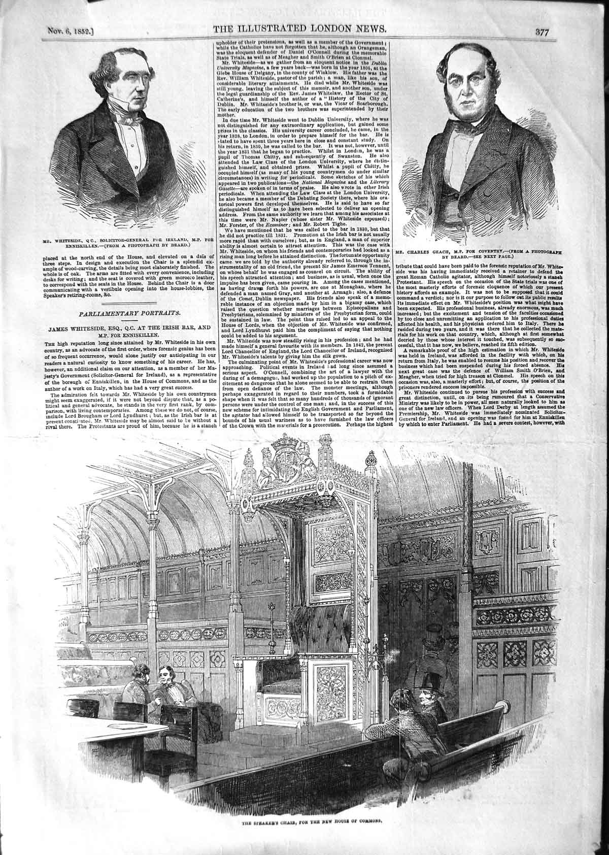 Original Old Antique Print 1852 Speakers Chair House Commons Whiteside Geach