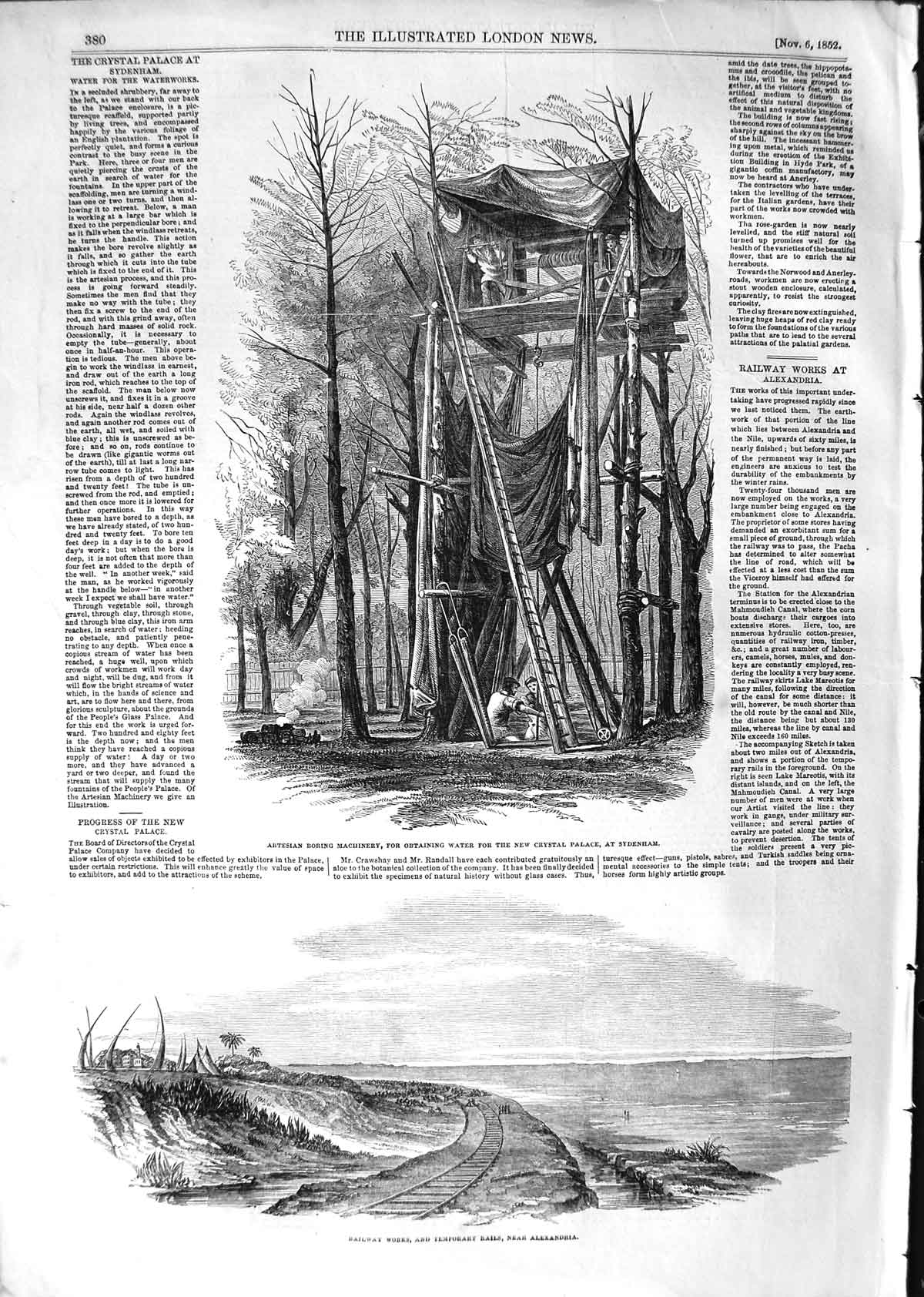 Original Old Antique Print 1852 Artesian Boring Machinery Railway Alexandria