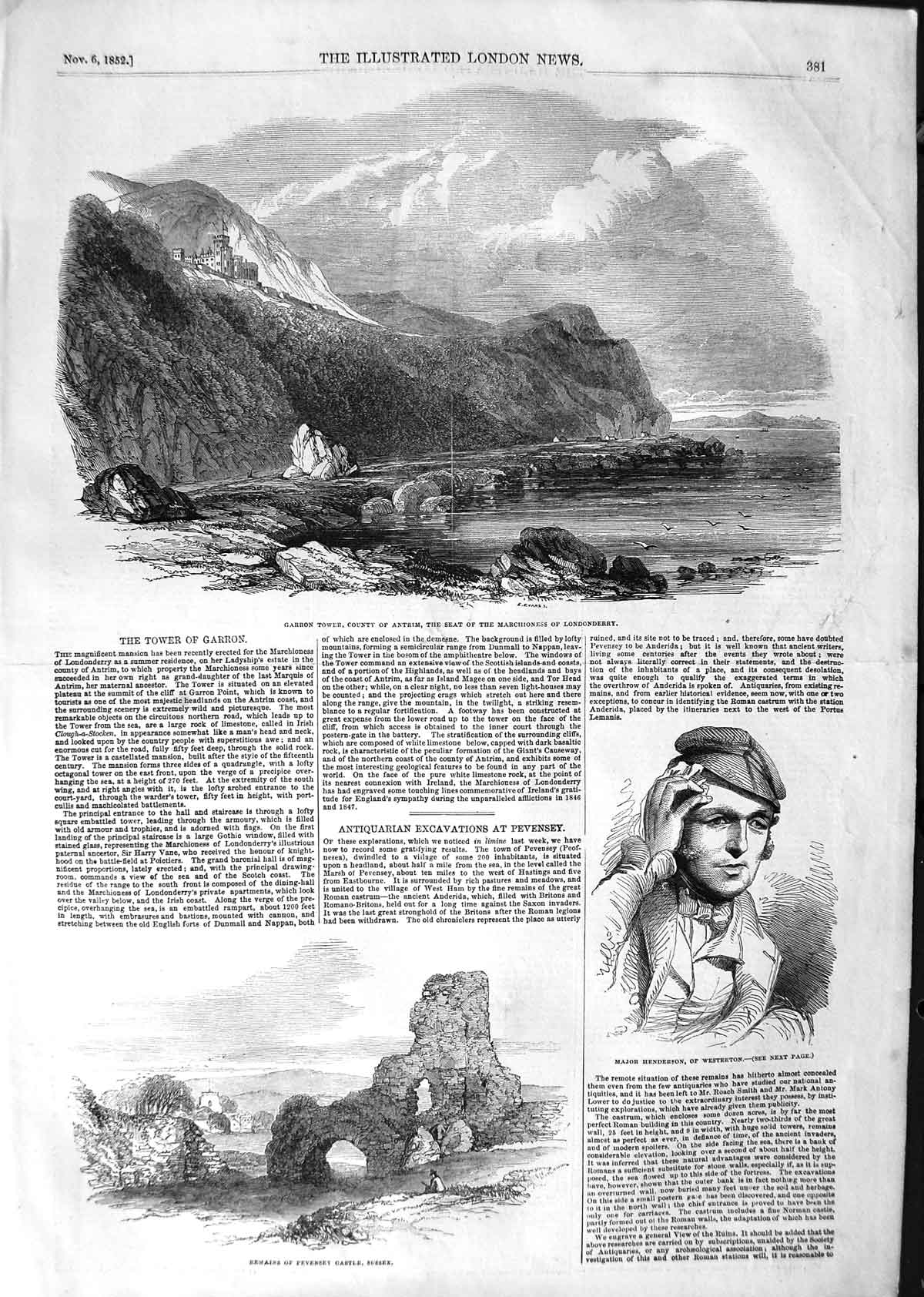Original Old Antique Print 1852 Garron Tower Antrim Pevensey Castle Henderson