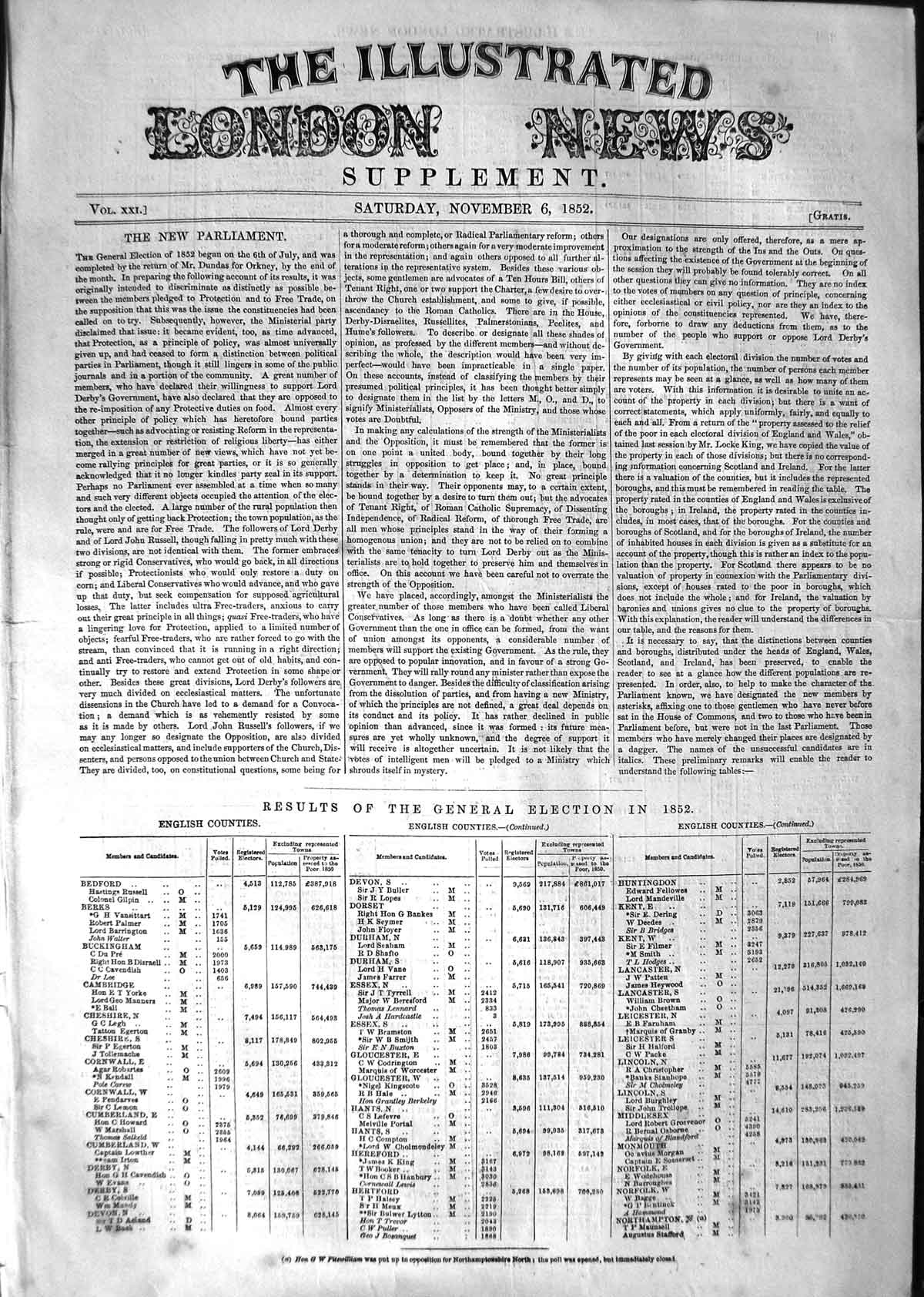 Original Old Antique Print 1852 Supplement London News General Election Results