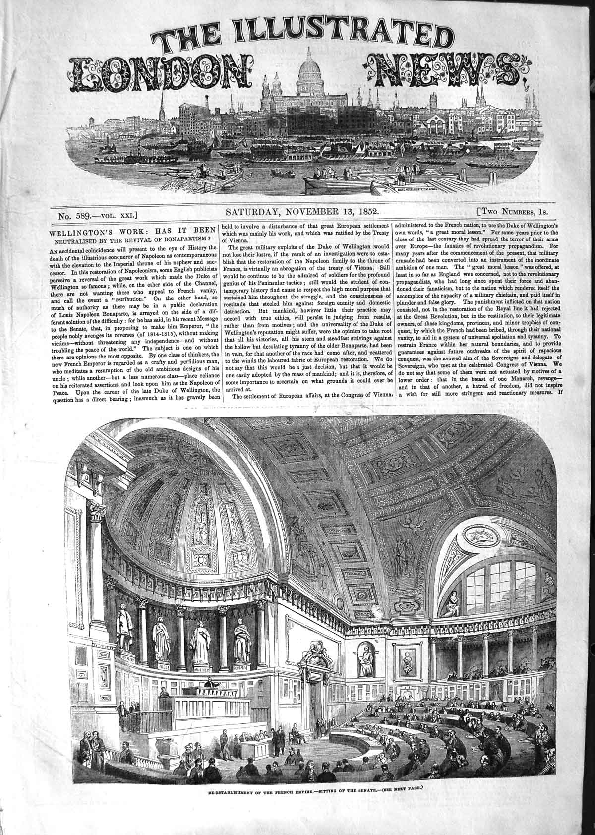 Original Old Antique Print 1852 Re-Establishment French Empire Sitting Senate
