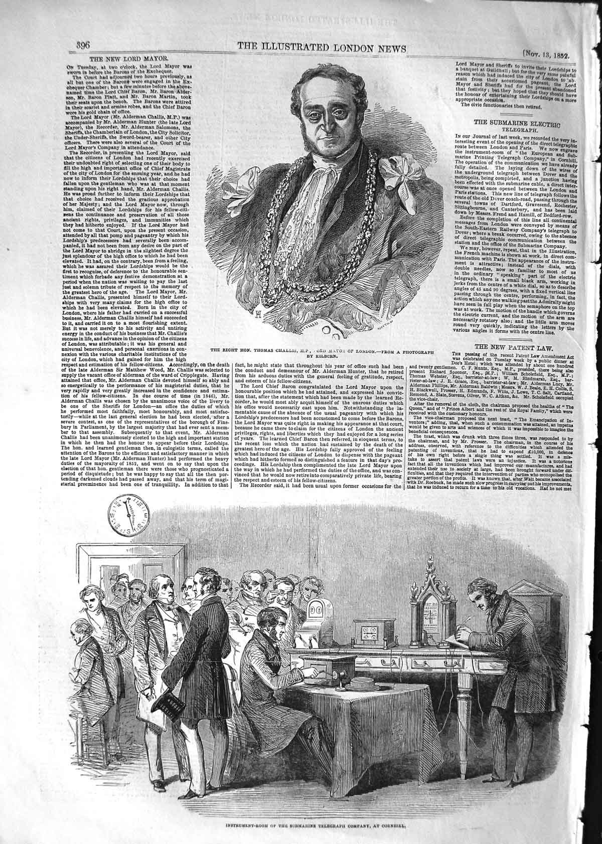 Old Antique Print 1852 Thomas Challis M.P. Submarine Telegraph Cornhill 19th
