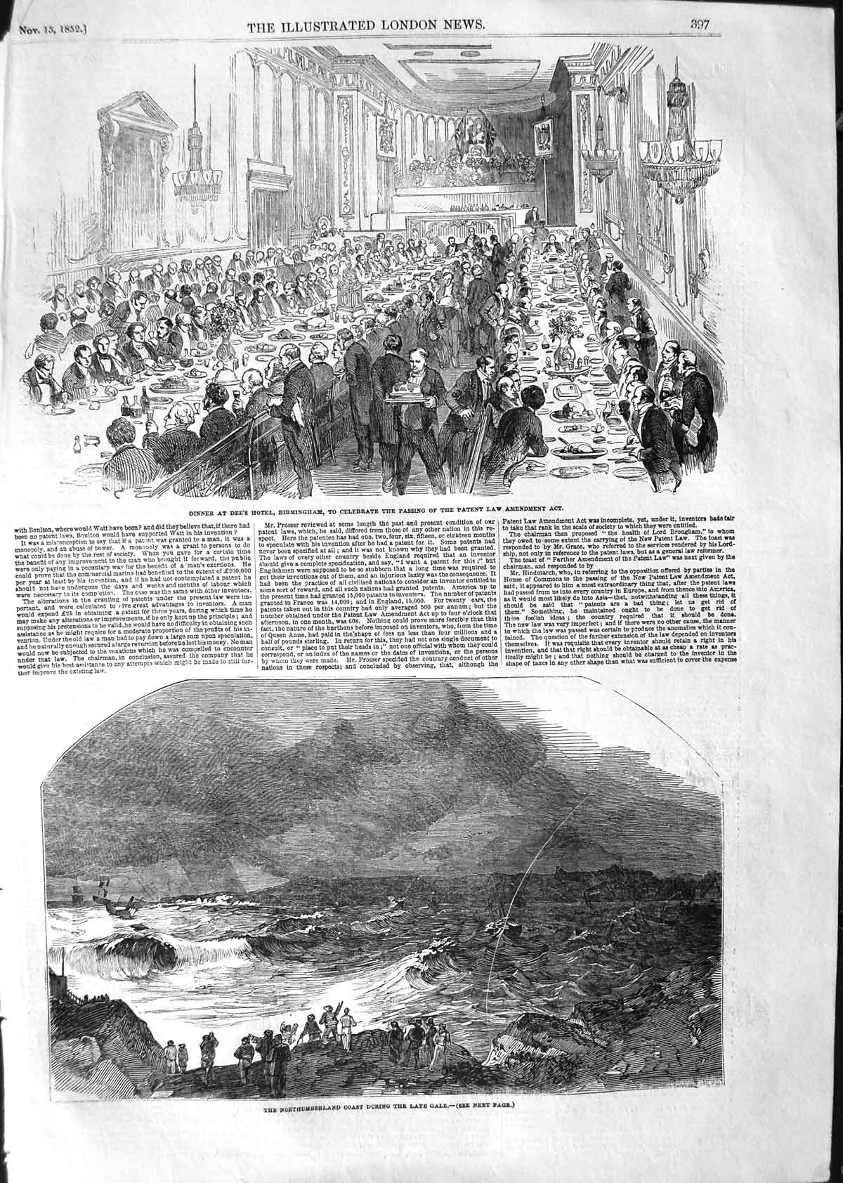 Original Old Antique Print 1852 Stormy Sea Northumberland Dinner Dee'S Hotel