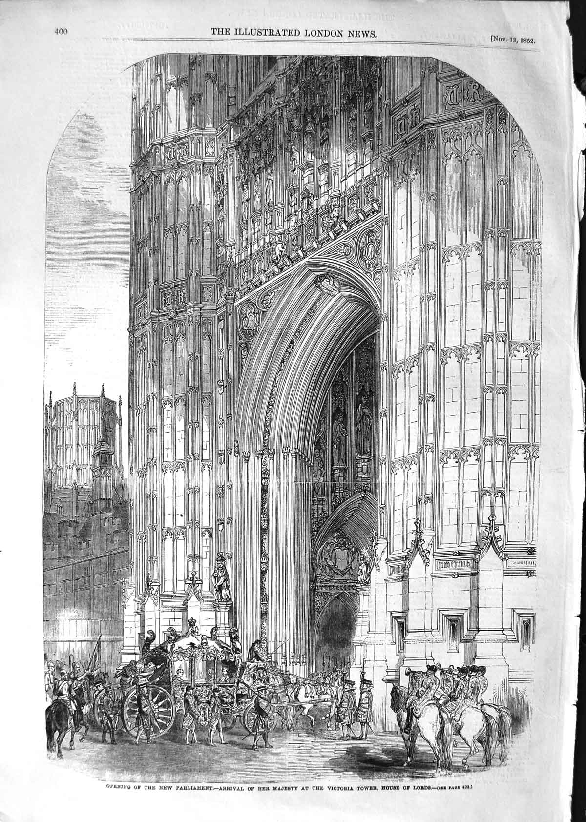 Original Old Antique Print 1852 Parliament Queen Victoria Tower House Lords