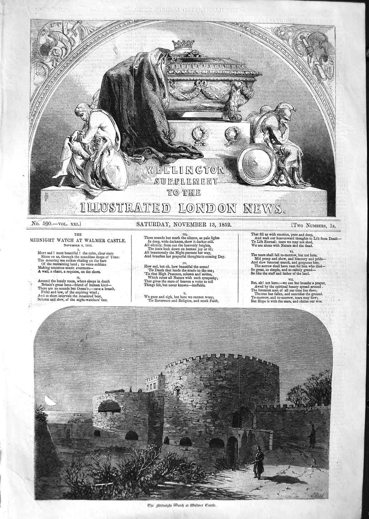 Original Old Antique Print 1852 Midnight Watch Tower Walmer Castle Victorian