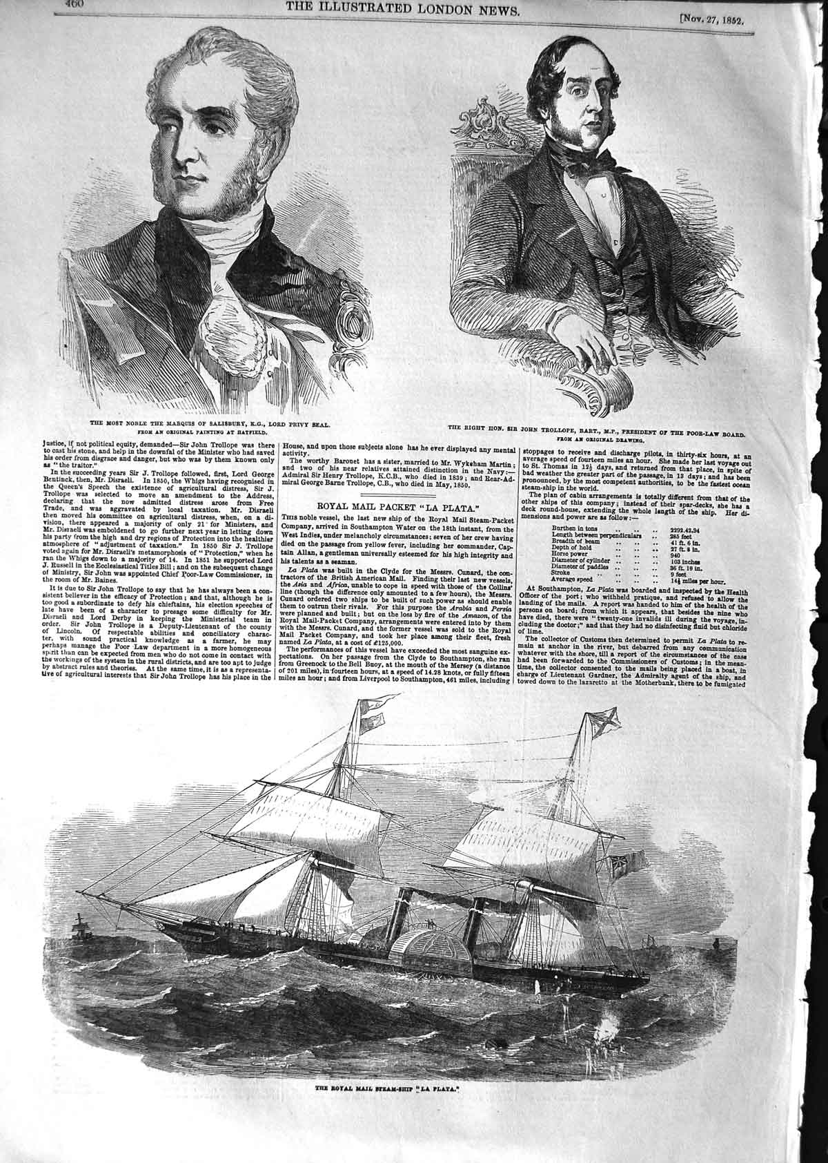 Old Antique Print 1852 Mail Ship La Plata Marquis Salisbury Trollope Bart 19th