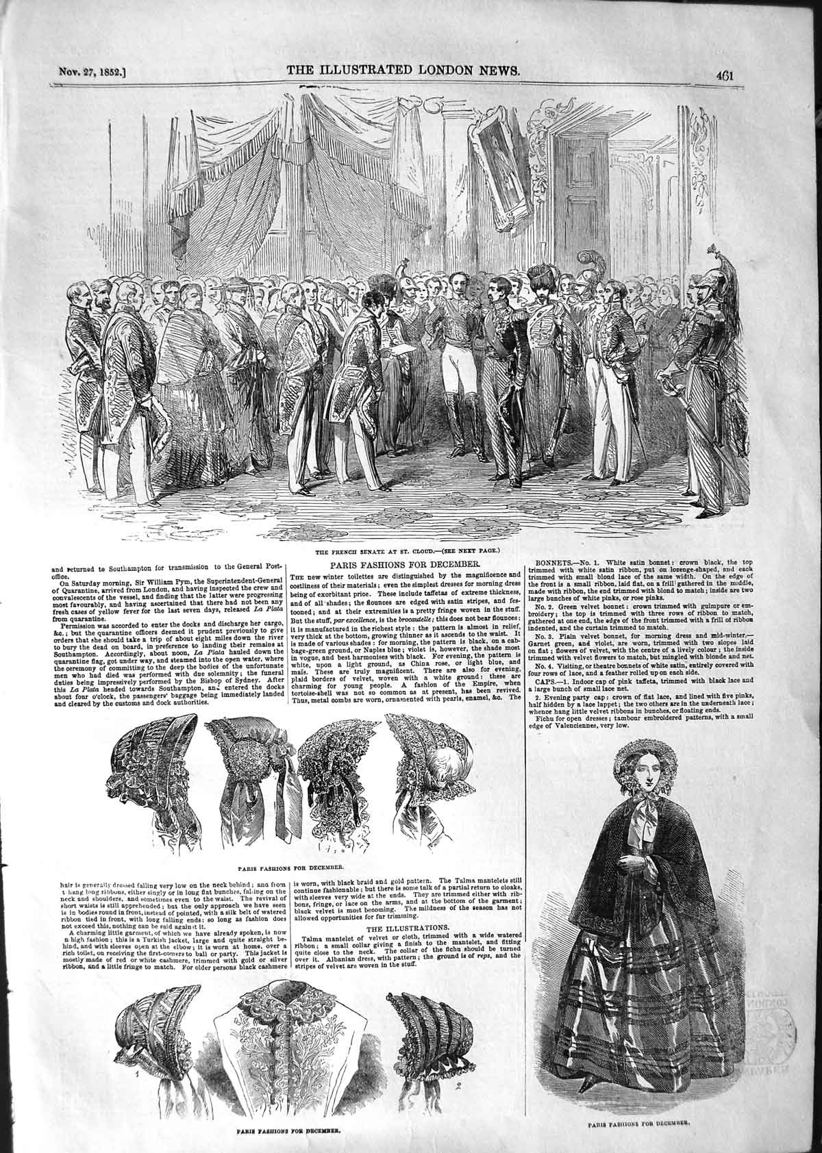 Original Old Antique Print 1852 French Senate St. Cloud Paris Fashion Bonnets