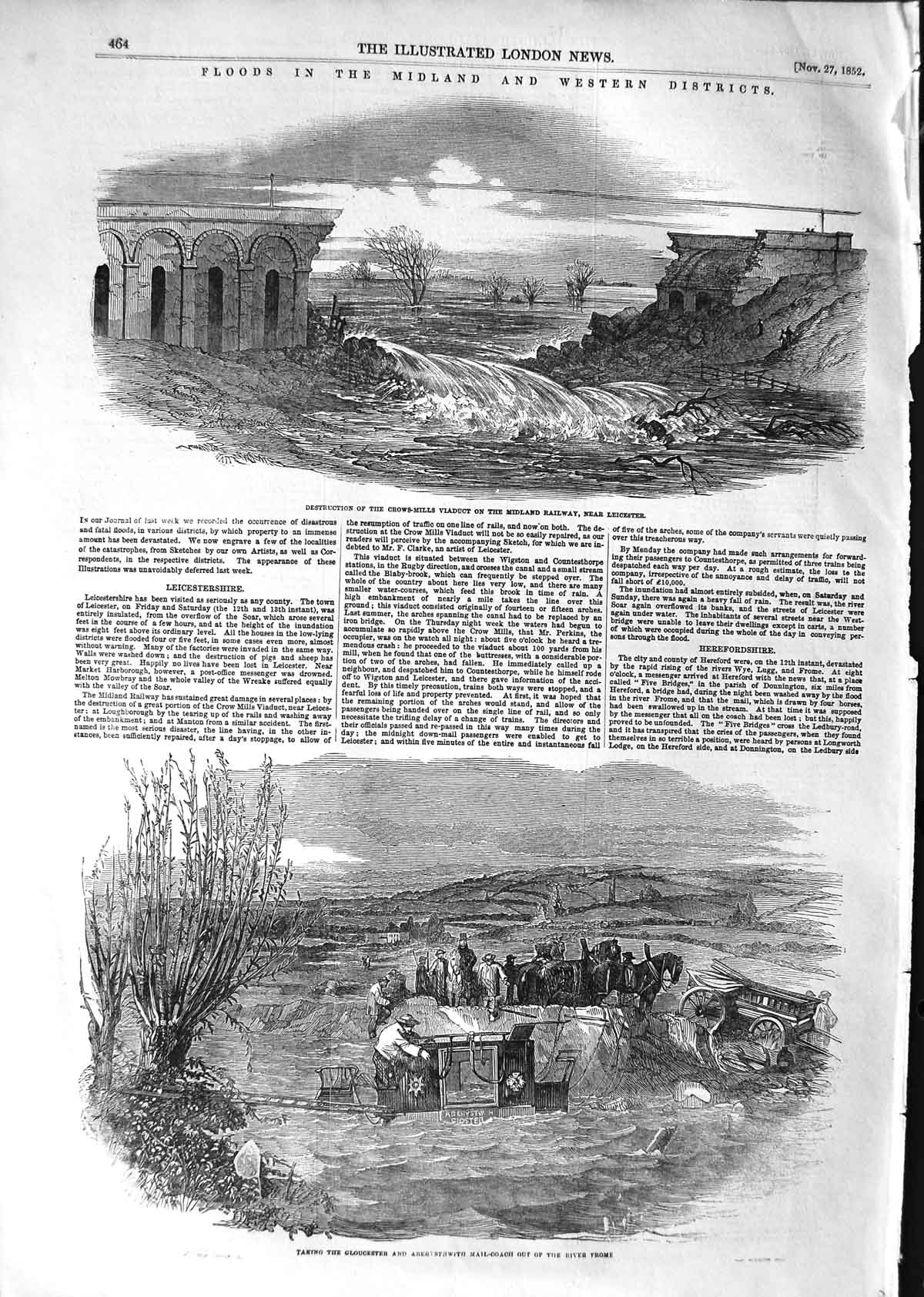 Original Old Antique Print 1852 Floods Midland Railway Mail Coach Train Glo 19th