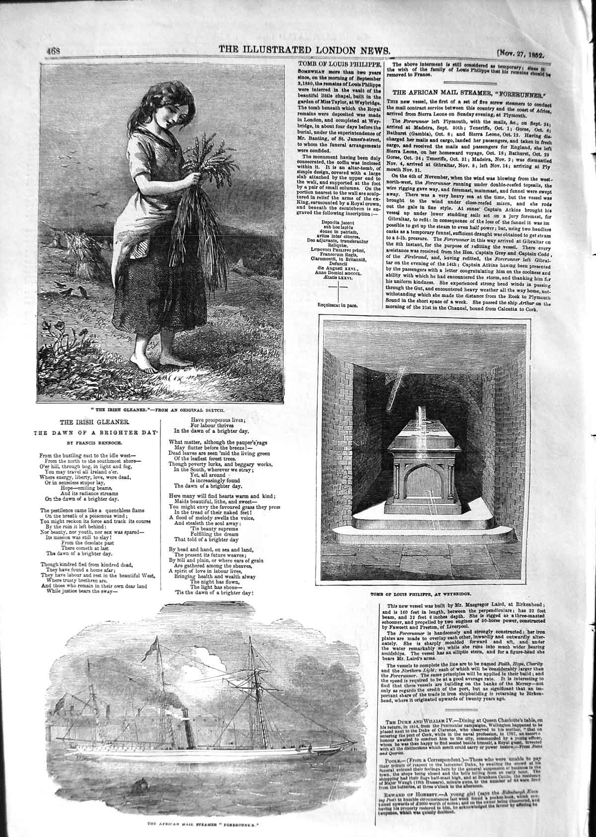 Old Antique Print 1852 African Mail Steamer Forerunner Tomb Philippe Girl 19th