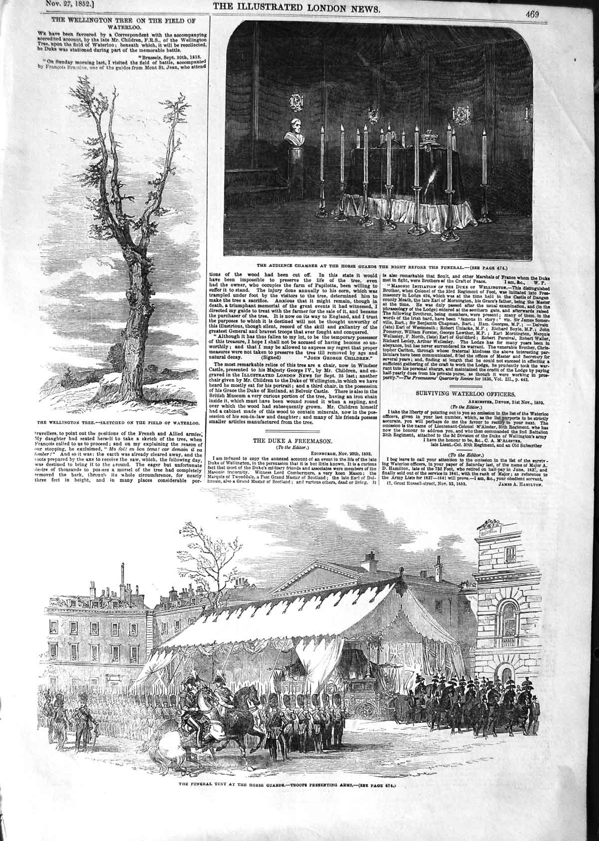 Old Antique Print 1852 Funeral Duke Wellington Tree Horse Guards Chamber 19th