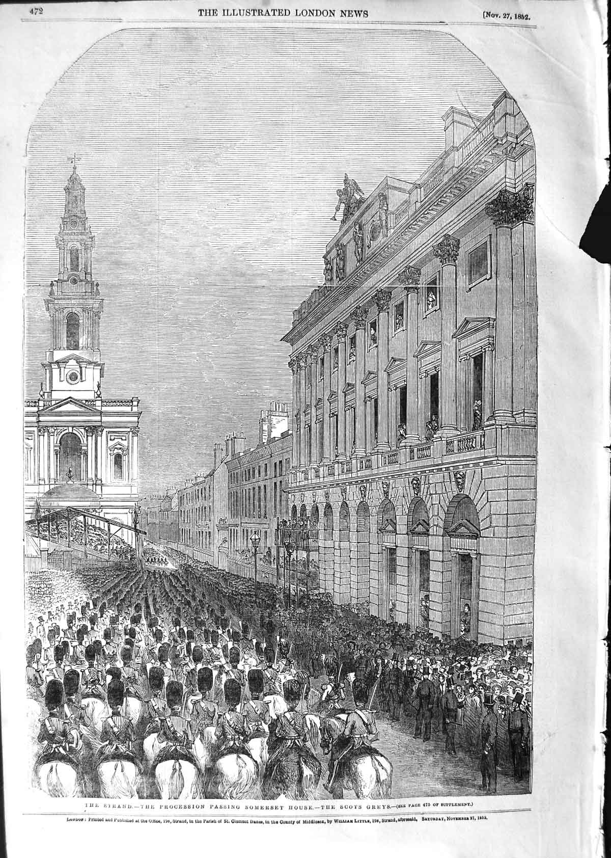 Original Old Antique Print 1852 Strand Scots Greys Procession Somerset House
