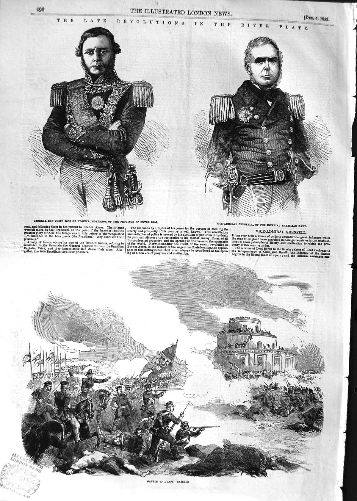 Original Old Antique Print 1852 General Urquiza Grenfell Battle Monte Victorian