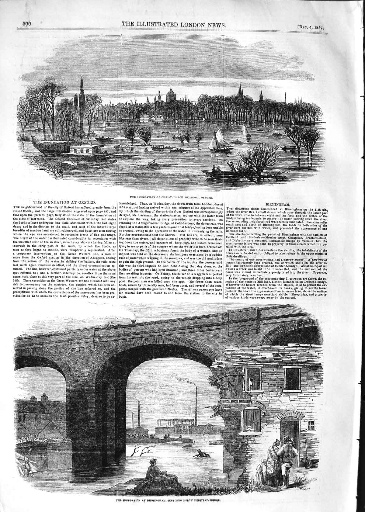 Original Old Antique Print 1852 Floods Oxford Birmingham Deritend-Bridge River