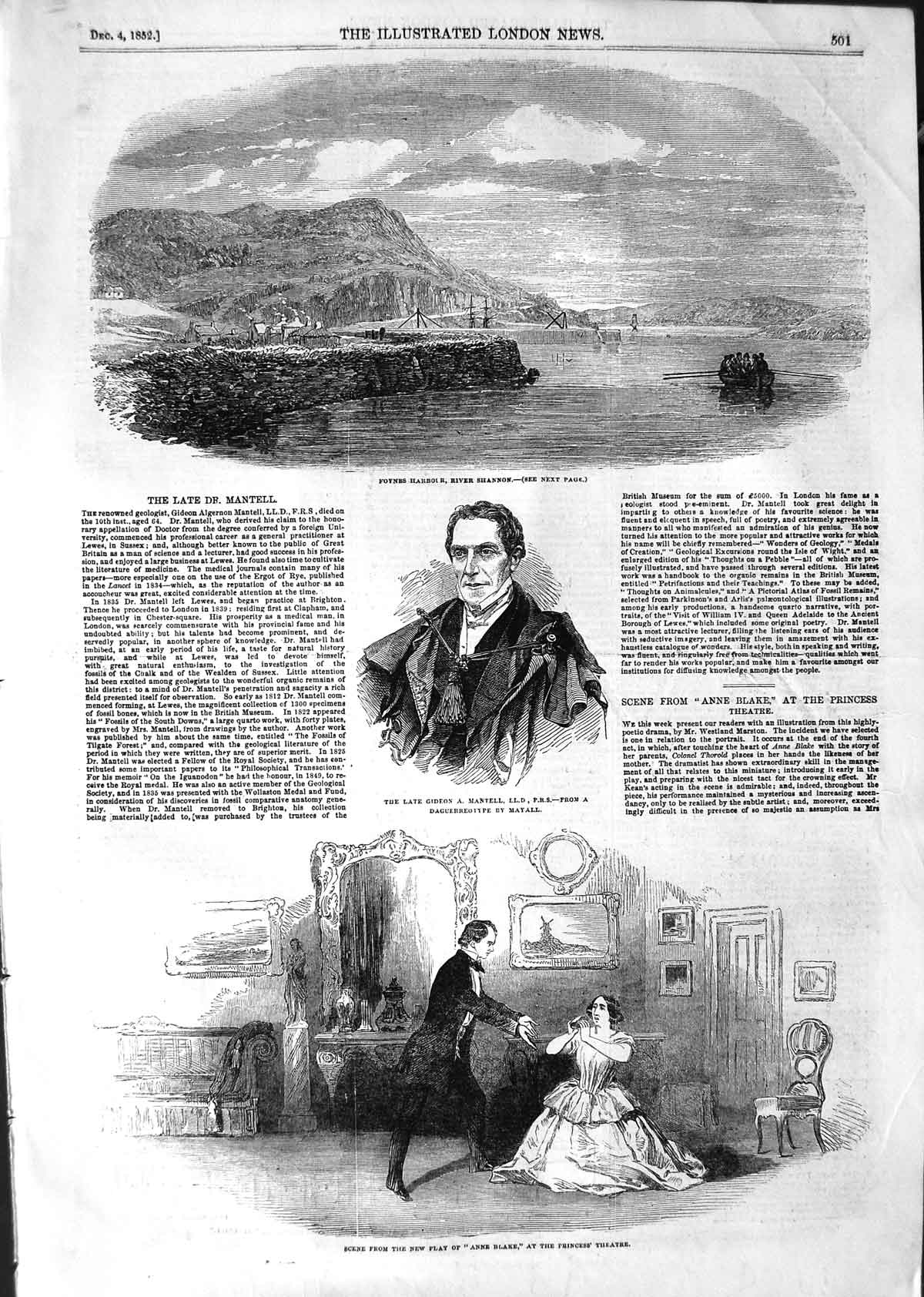 Original Old Antique Print 1852 Foynes Harbour River Shannon Mantell Victorian
