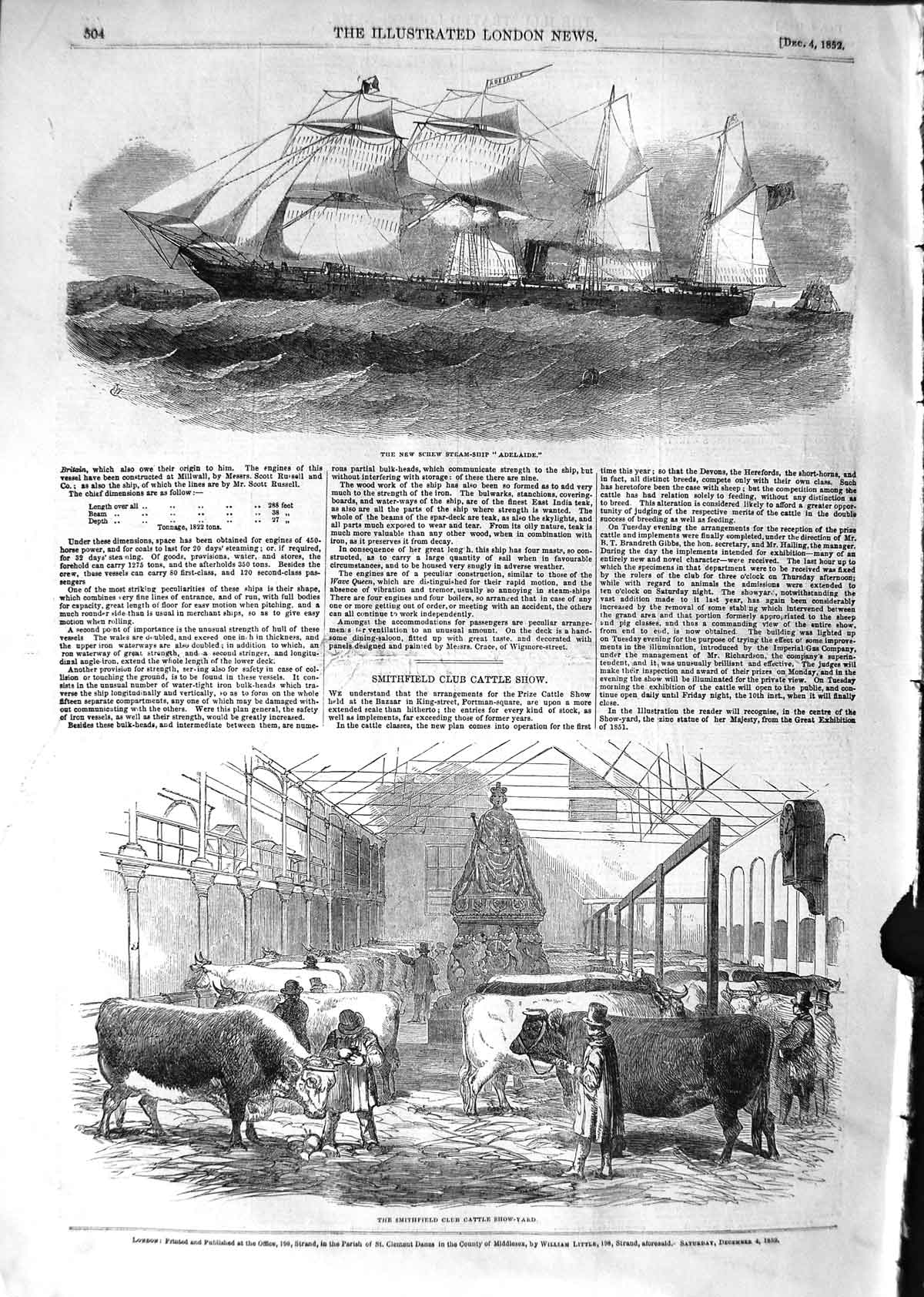 Old Antique Print 1852 Screw Steam-Ship Adelaide Smithfield Cattle Show 19th