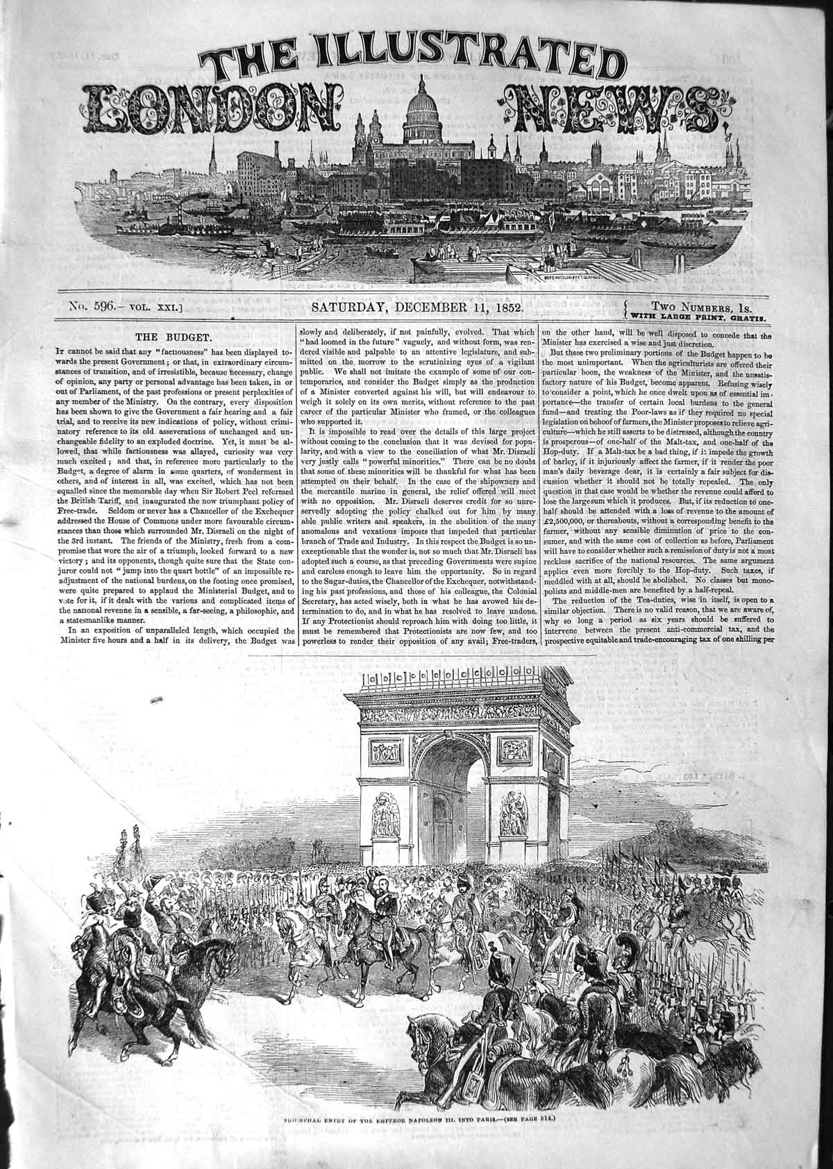 Original Old Antique Print 1852 Triumphal Entry Emperor Napoleon Paris France