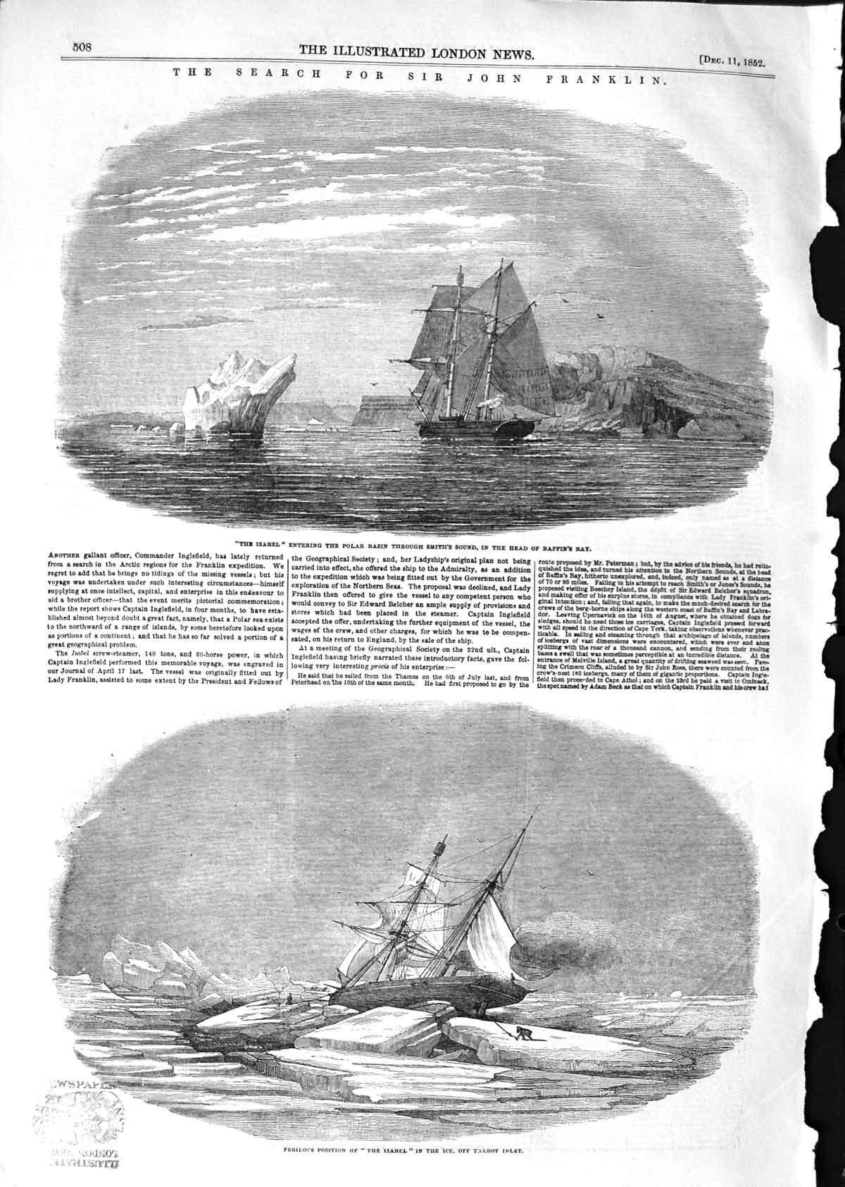 Original Old Antique Print 1852 John Franklin Isabel Ship Talbot Baffin Es 19th