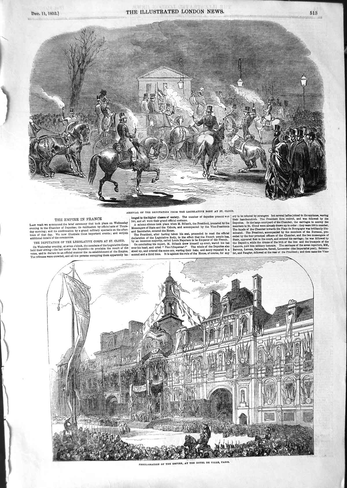 Original Old Antique Print 1852 Proclamation Empire Hotel Ville Paris St. Cloud