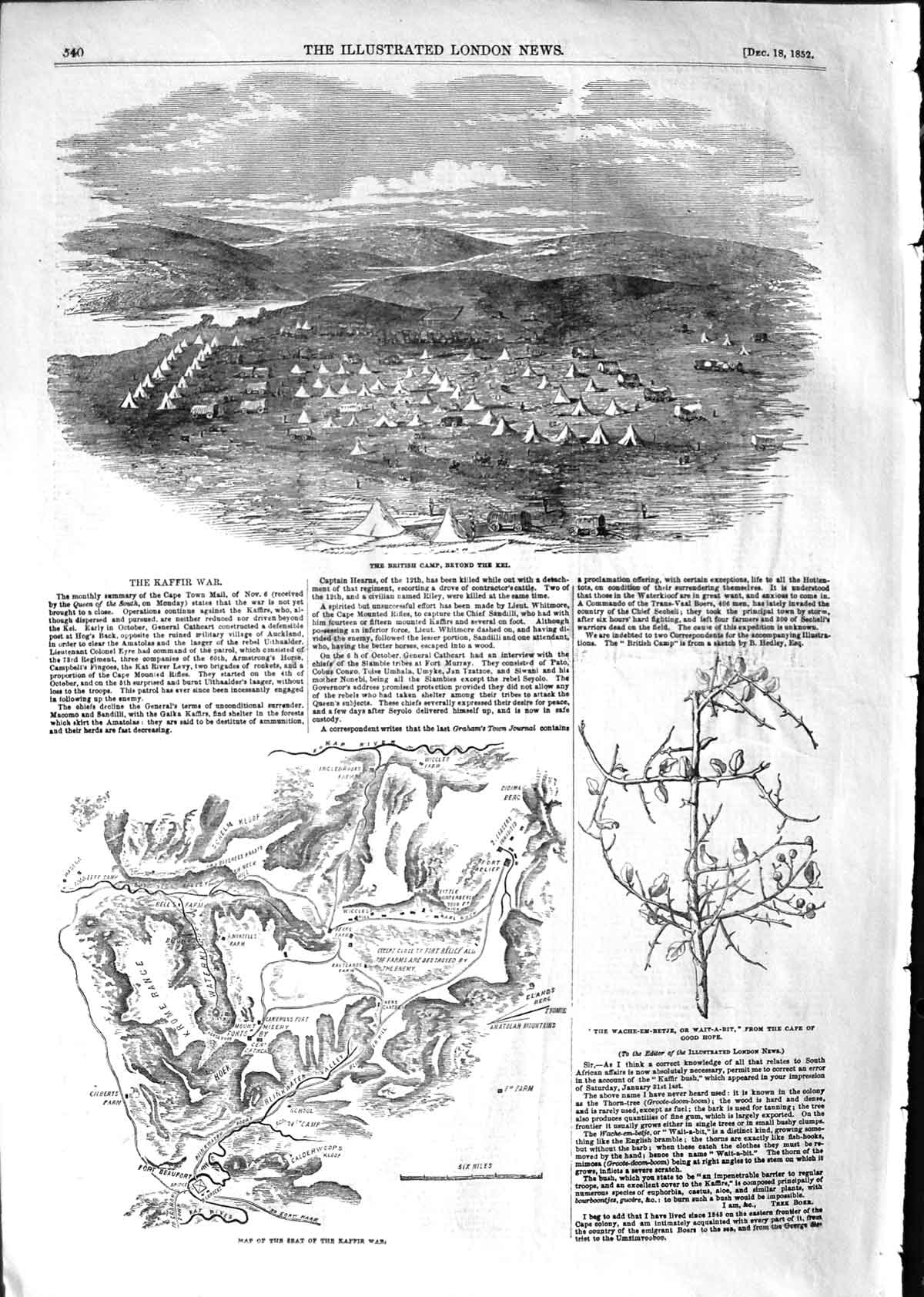 Original Old Antique Print 1852 British Camp Kaffir War Map Wache-E Victorian
