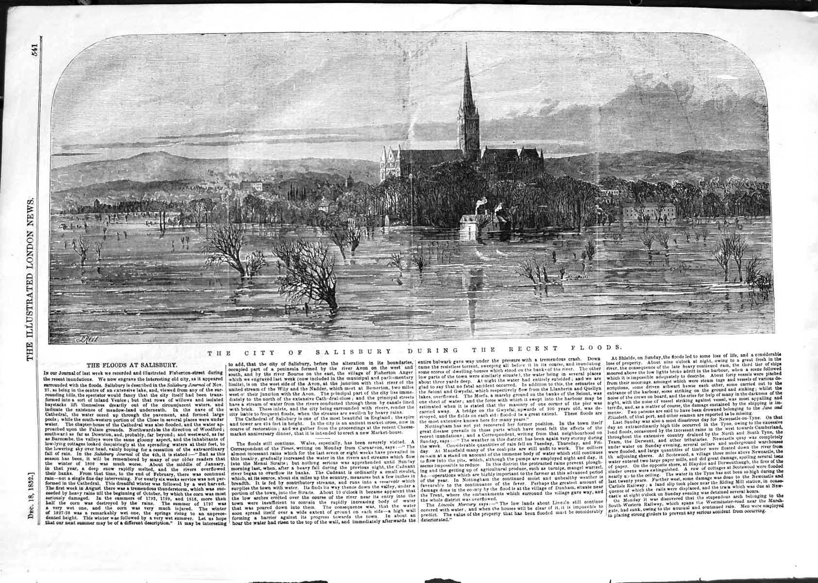 Original Old Antique Print 1852 View City Salisbury Floods England Church Trees