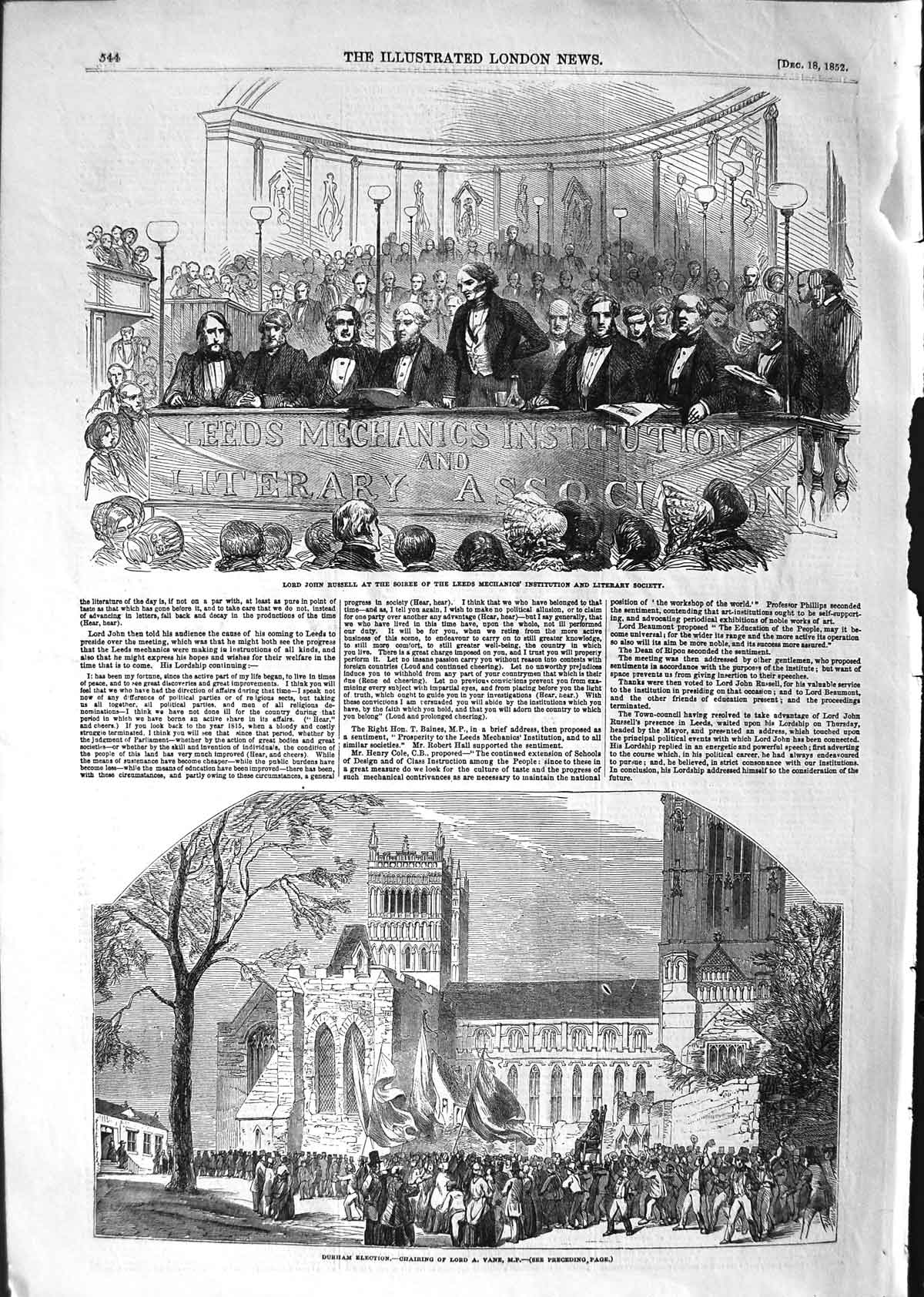 Old Antique Print 1852 Lord John Russell Leeds Mechanics Durham Election 19th