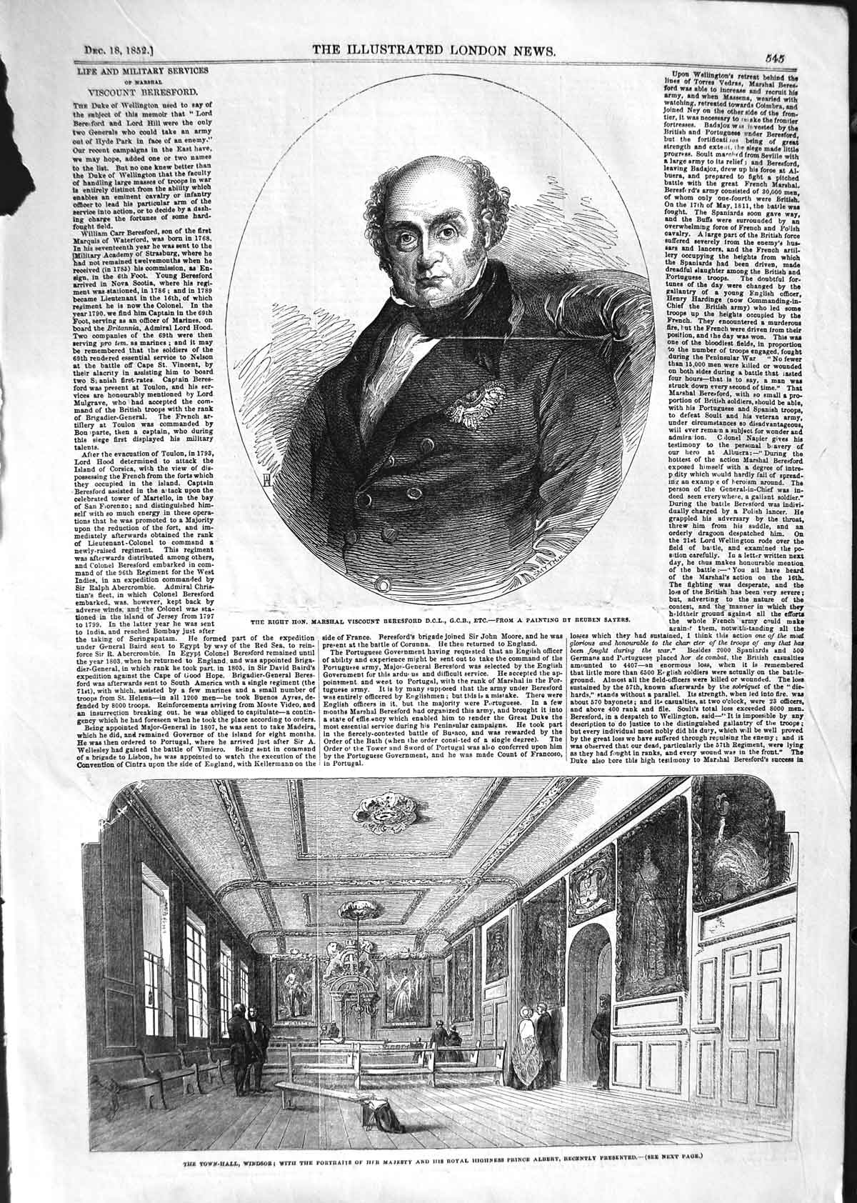 Original Old Antique Print 1852 Marshall Viscount Beresford Town-Hall Victorian