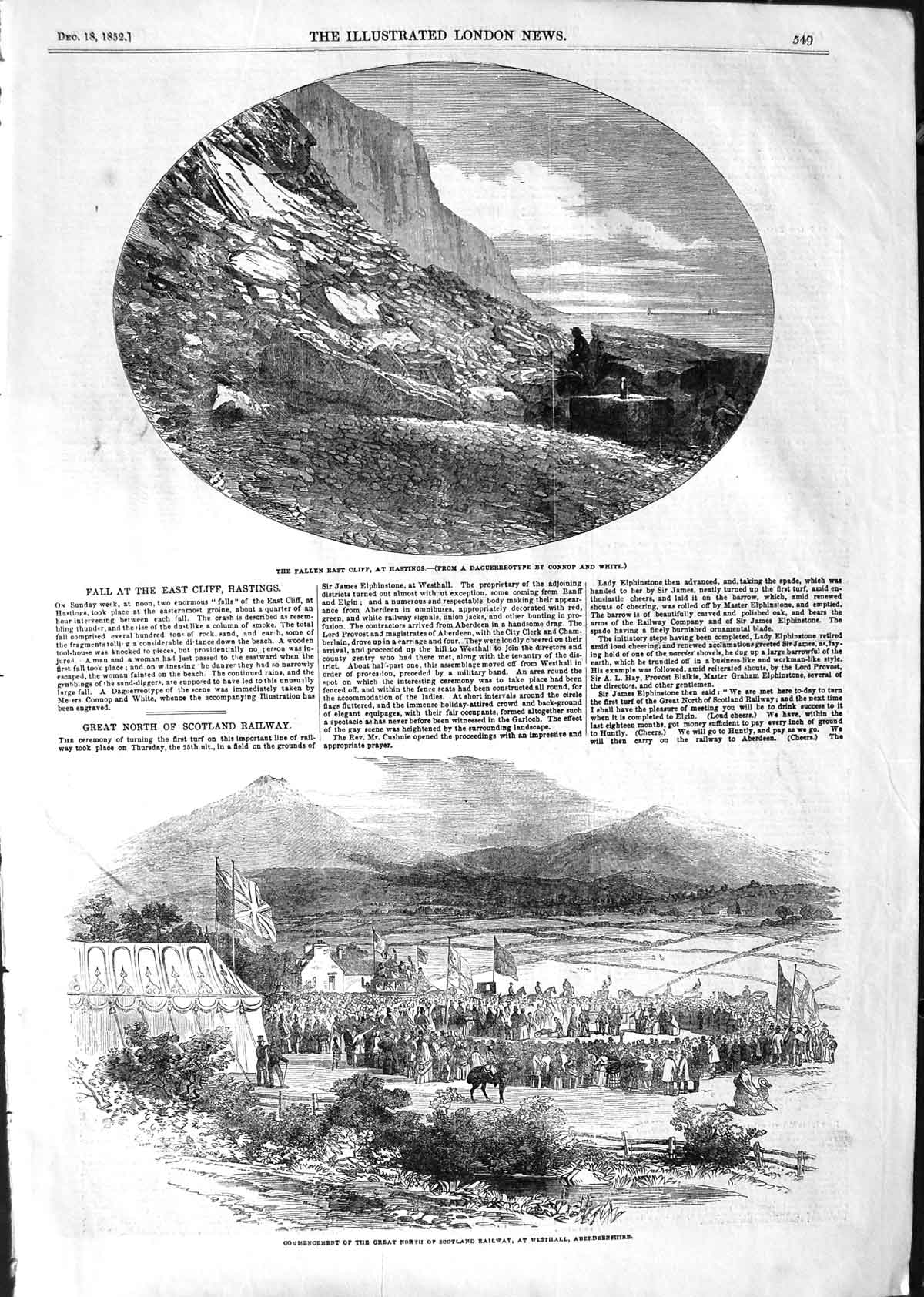 Original Old Antique Print 1852 Fallen Cliff Hastings Scotland Railway Aberdeen