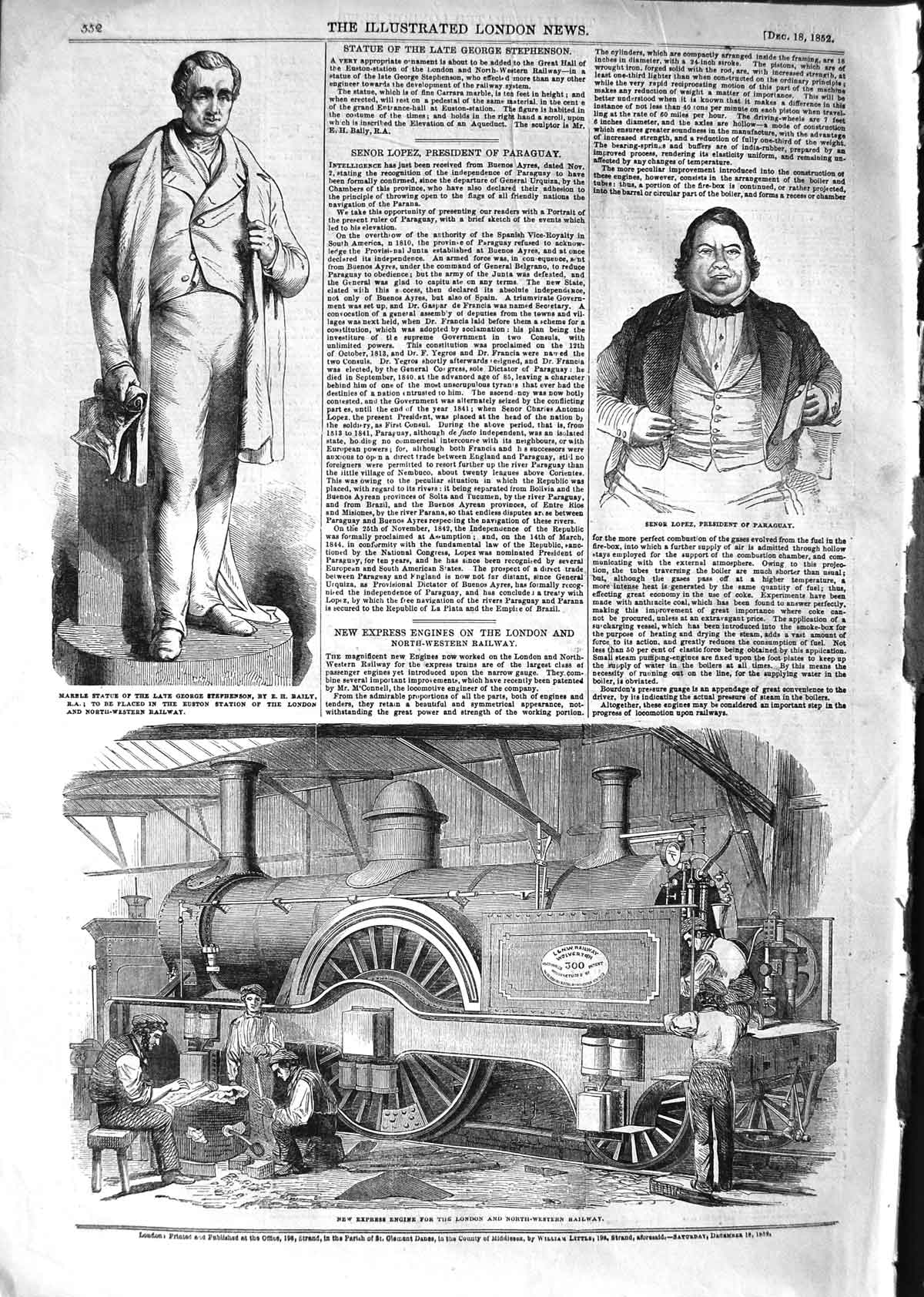 Original Old Antique Print 1852 Express Engine London Railway Statue Stephenson