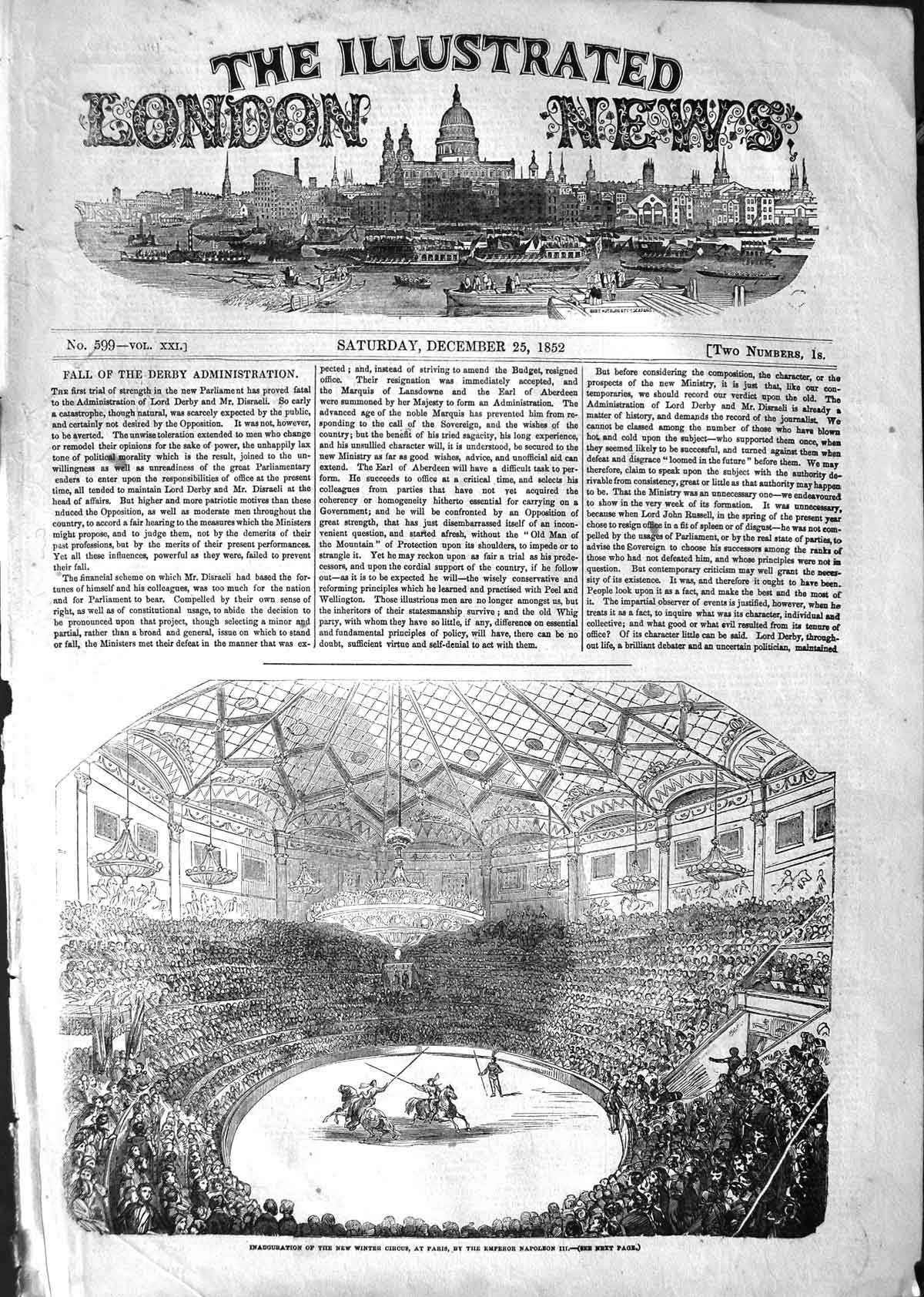 Original Old Antique Print 1852 Winter Circus Paris France Emperor Napol 19th