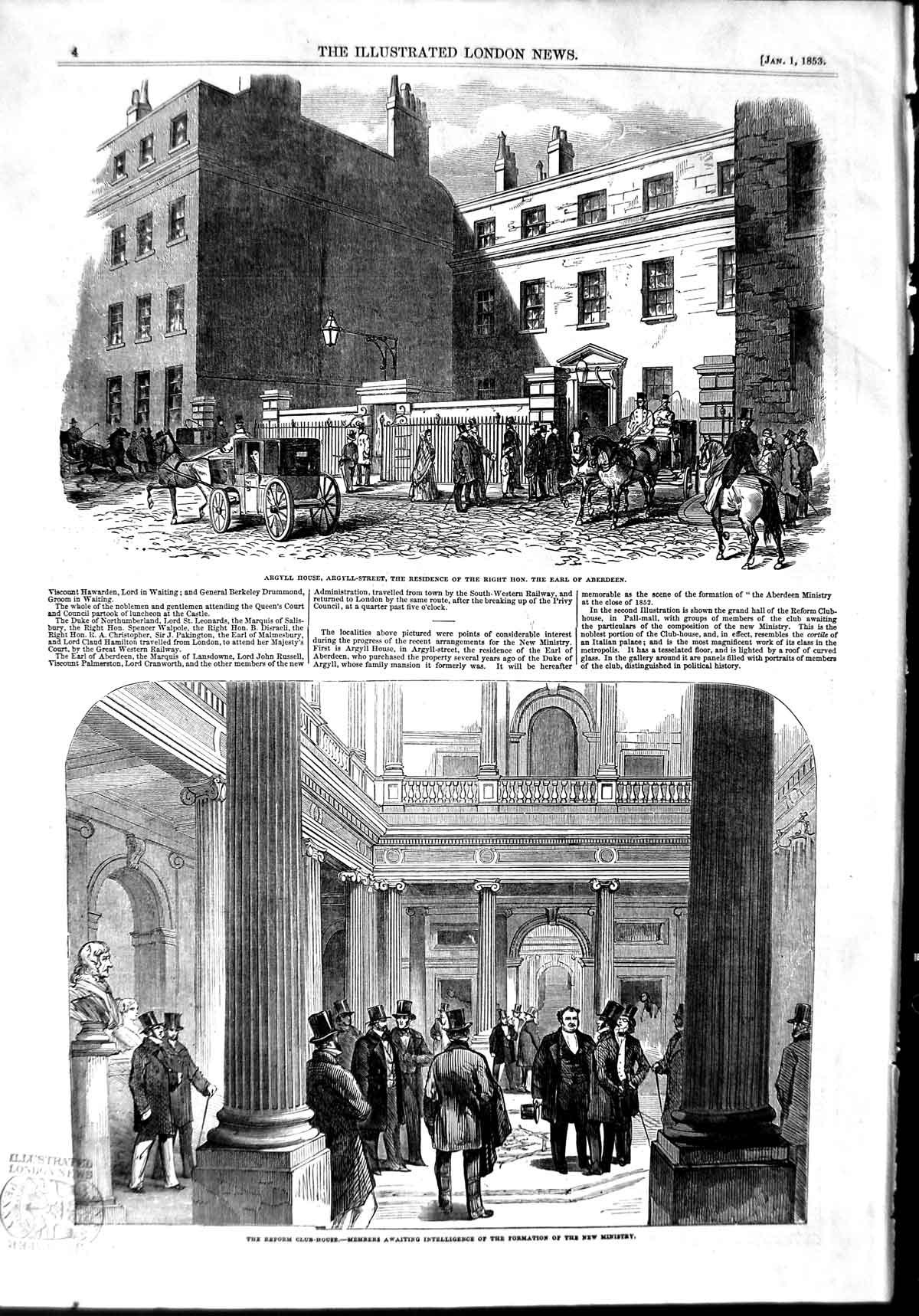 Original Old Antique Print 1853 Argyll House Earl Aberdeen Reform Club House