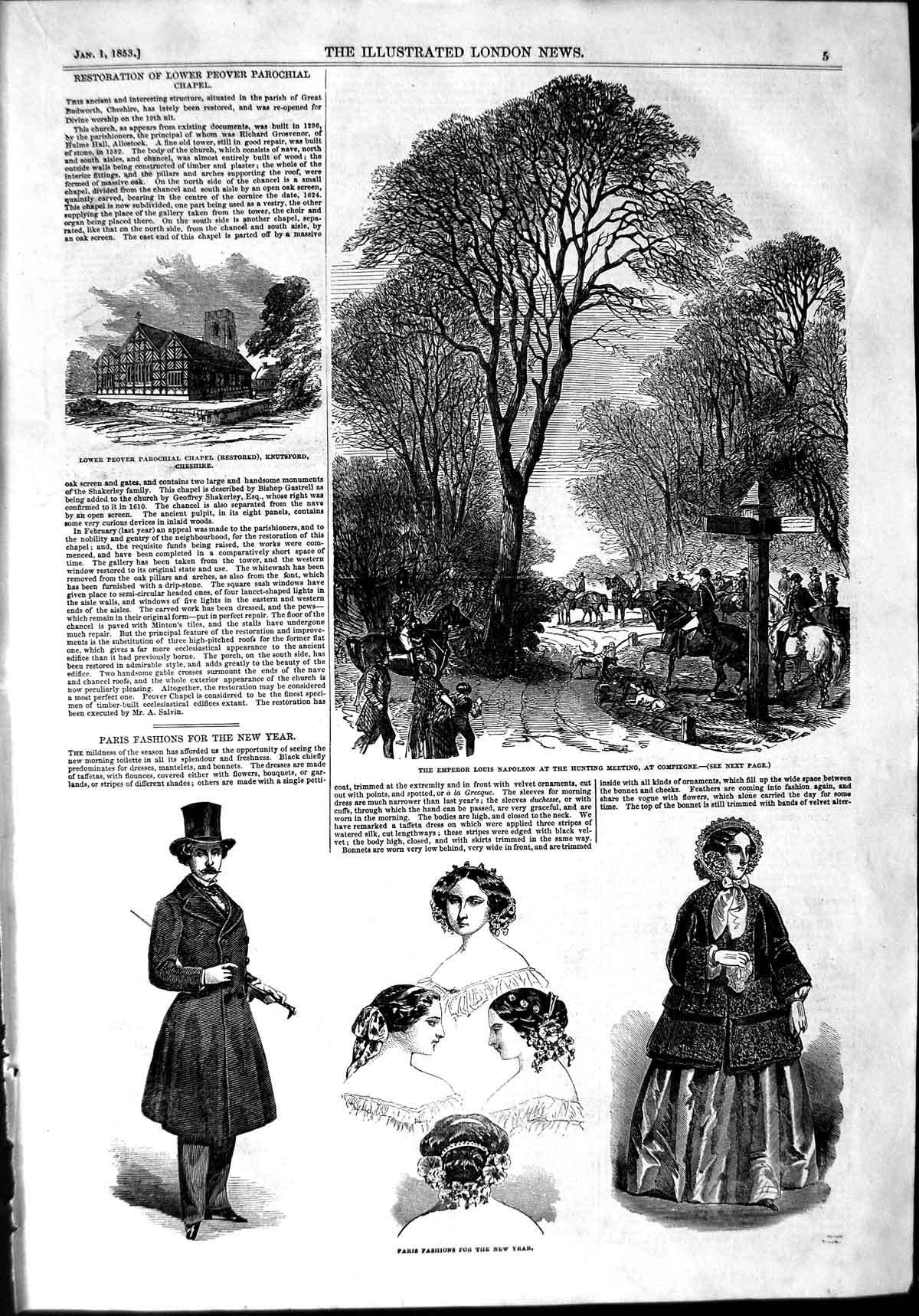 Original Old Antique Print 1853 Emperor Louis Napoleon Hunting Compiegne Peover
