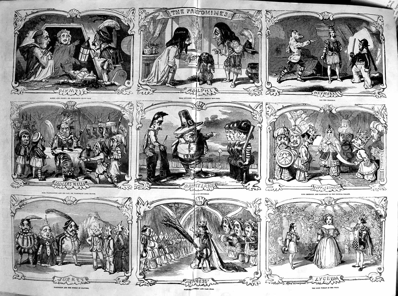 Original Old Antique Print 1853 Damaged Scene Christmas Pantomimes Victorian