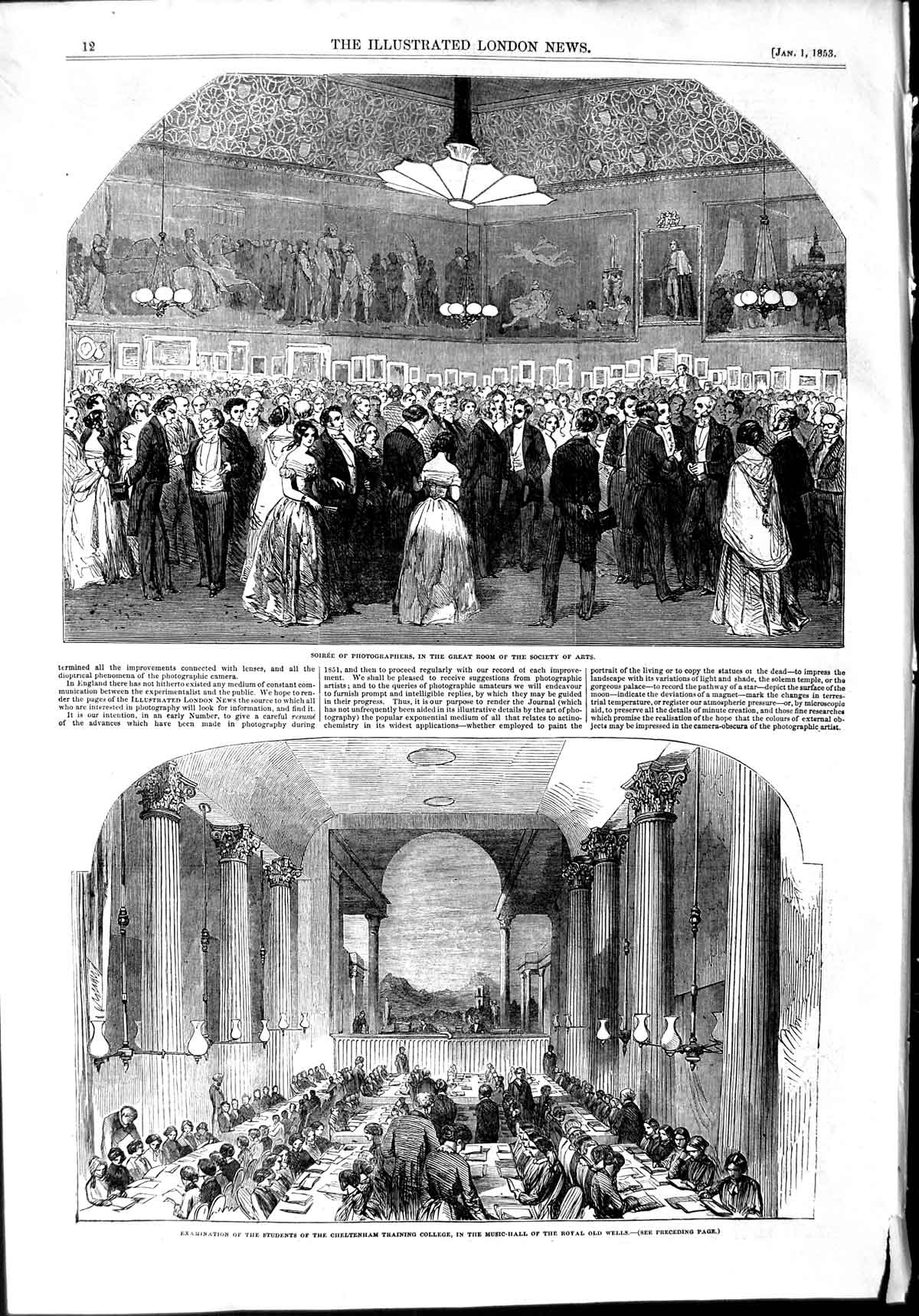 Old Antique Print 1853 Students Cheltenham College Music-Hall Soiree Arts 19th