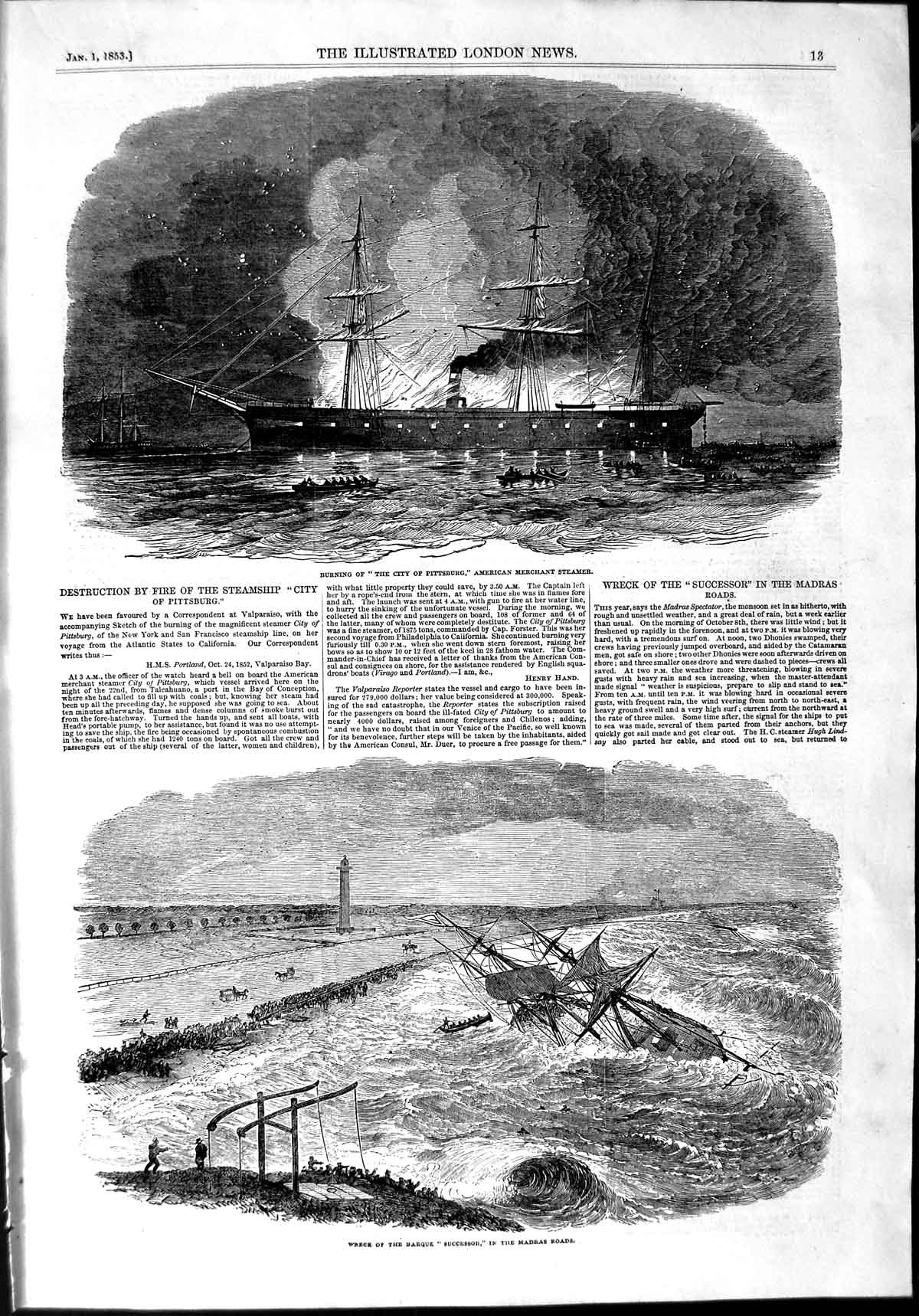 Original Old Antique Print 1853 Burning City Pittsburg American Ship Su 19th