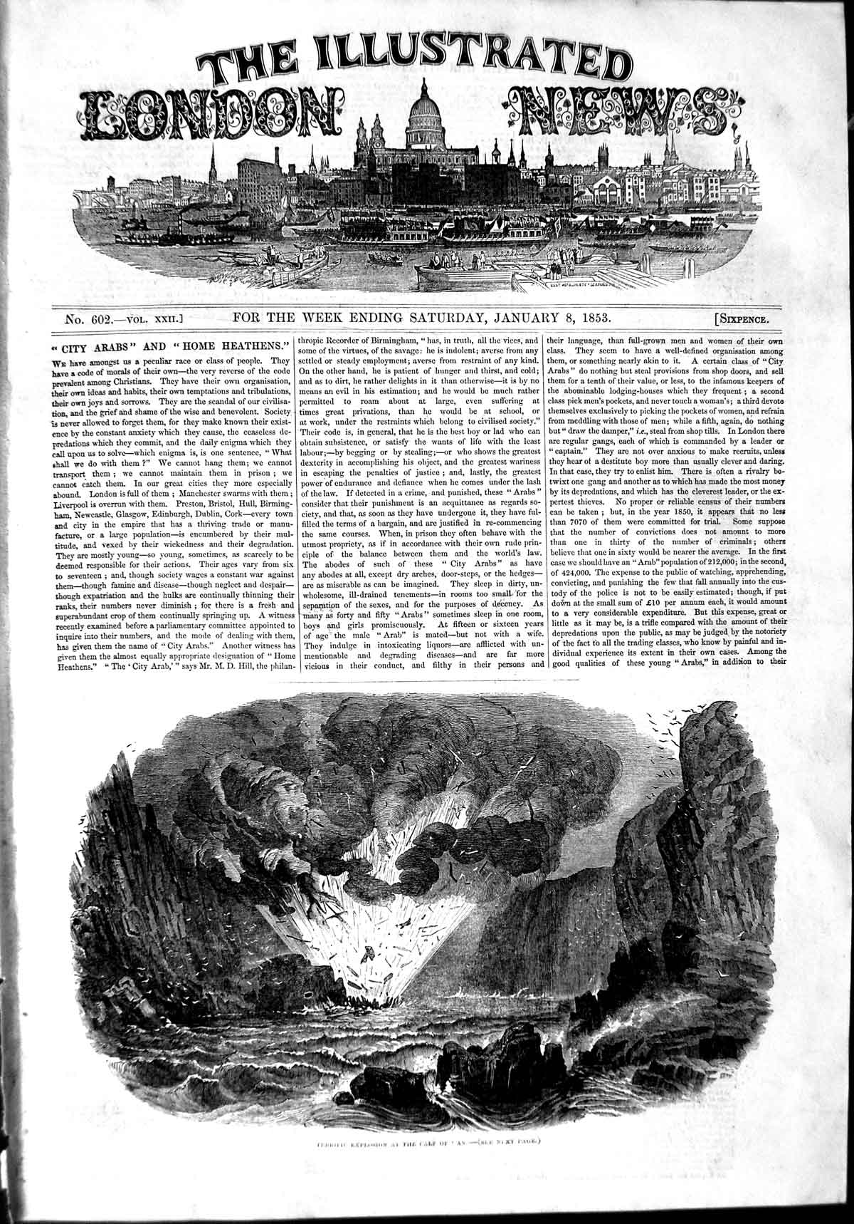 Original Old Antique Print 1853 Terrific Explosion Calf Man Cliffs Rock 19th