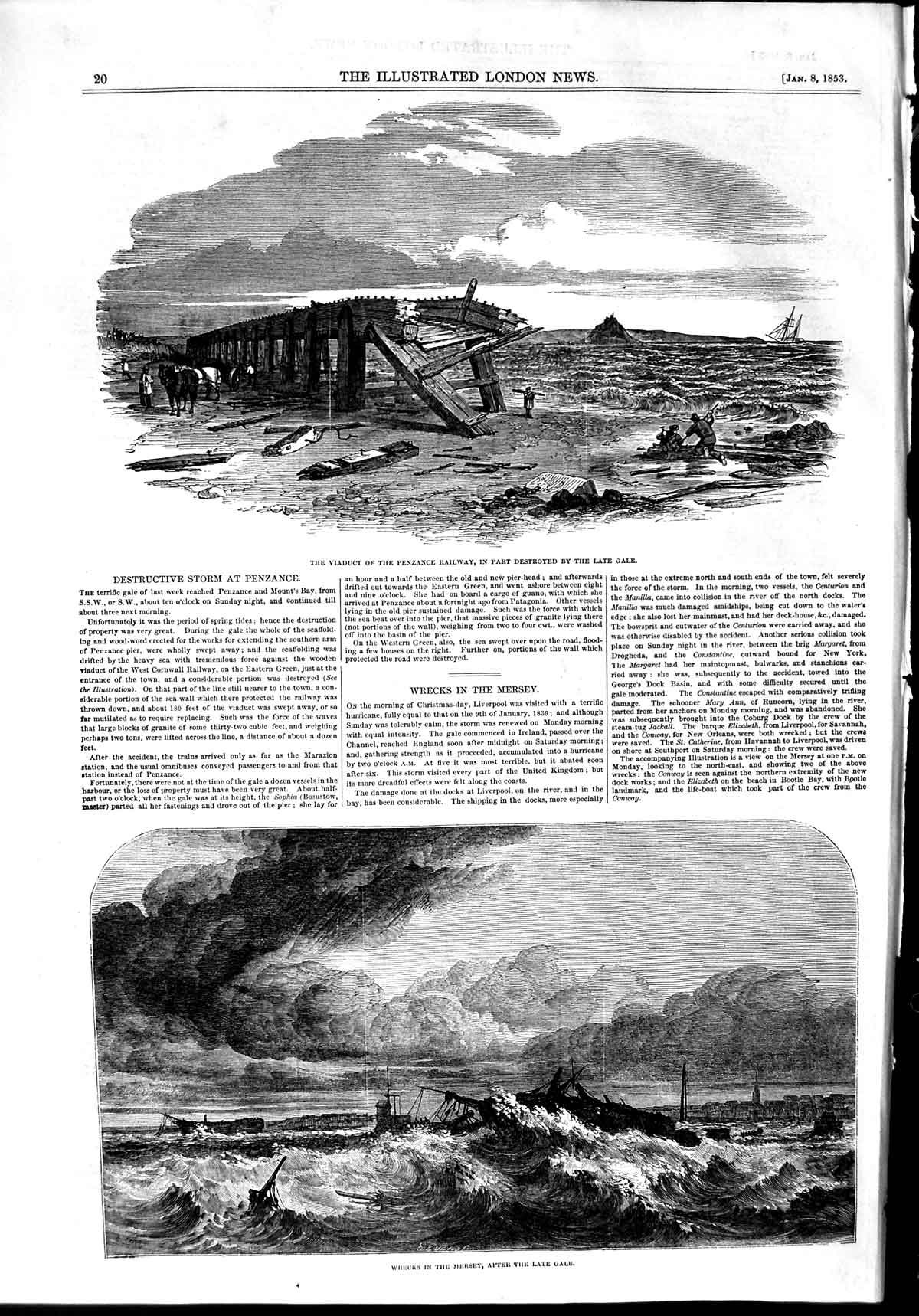 Old Antique Print 1853 Viaduct Penzance Railway Ship Wrecks Mersey River 19th