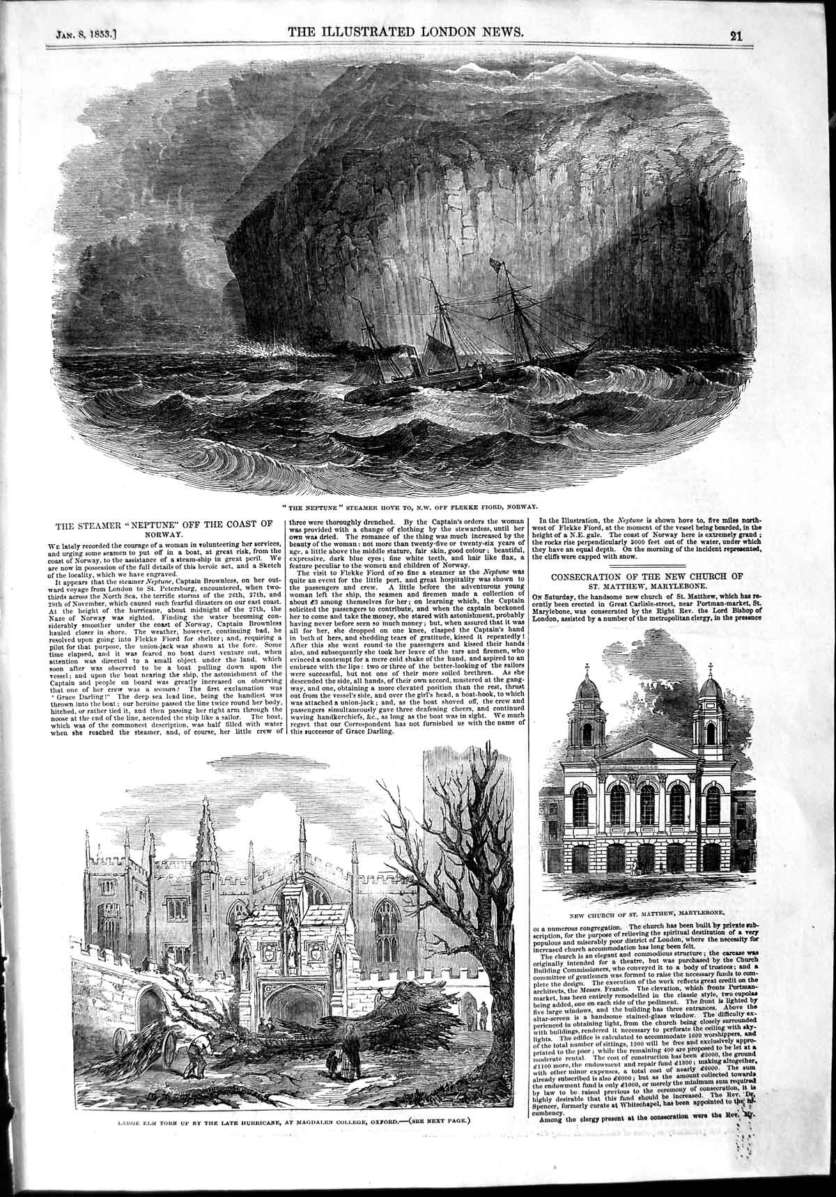 Original Old Antique Print 1853 Neptune Ship Norway Church Marylebone Magdalen