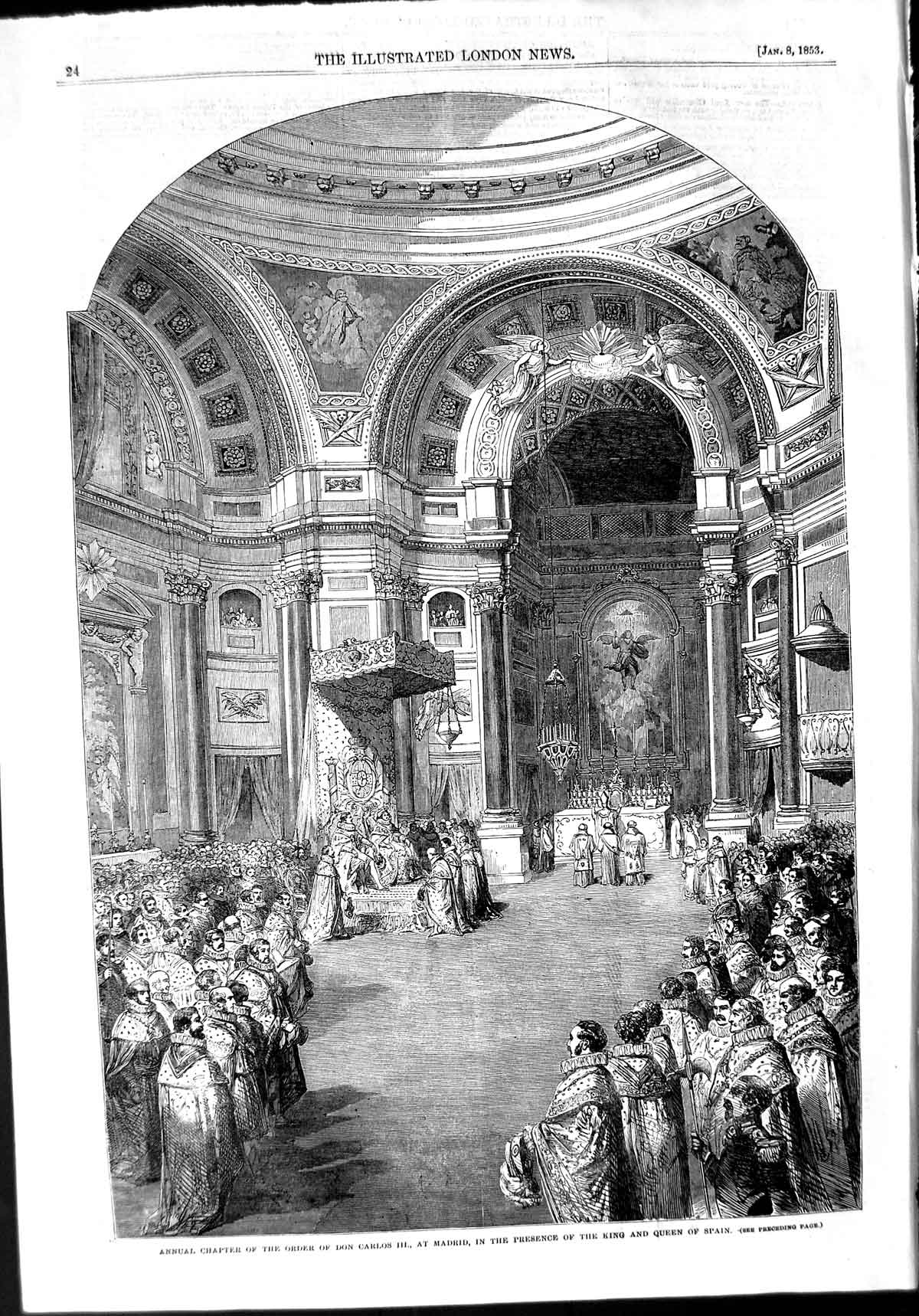 Old Antique Print 1853 Chapter Order Don Carlos Madrid King Queen Spain 19th