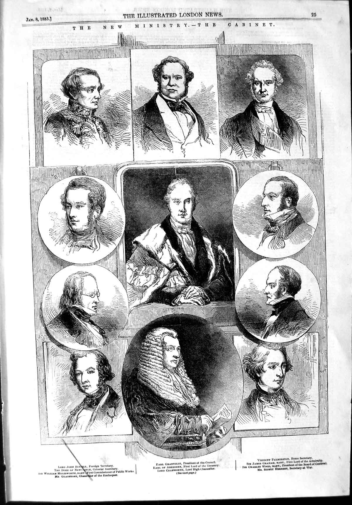 Old Antique Print 1853 Parliament Russell Granville Palmerston Gladstone 19th