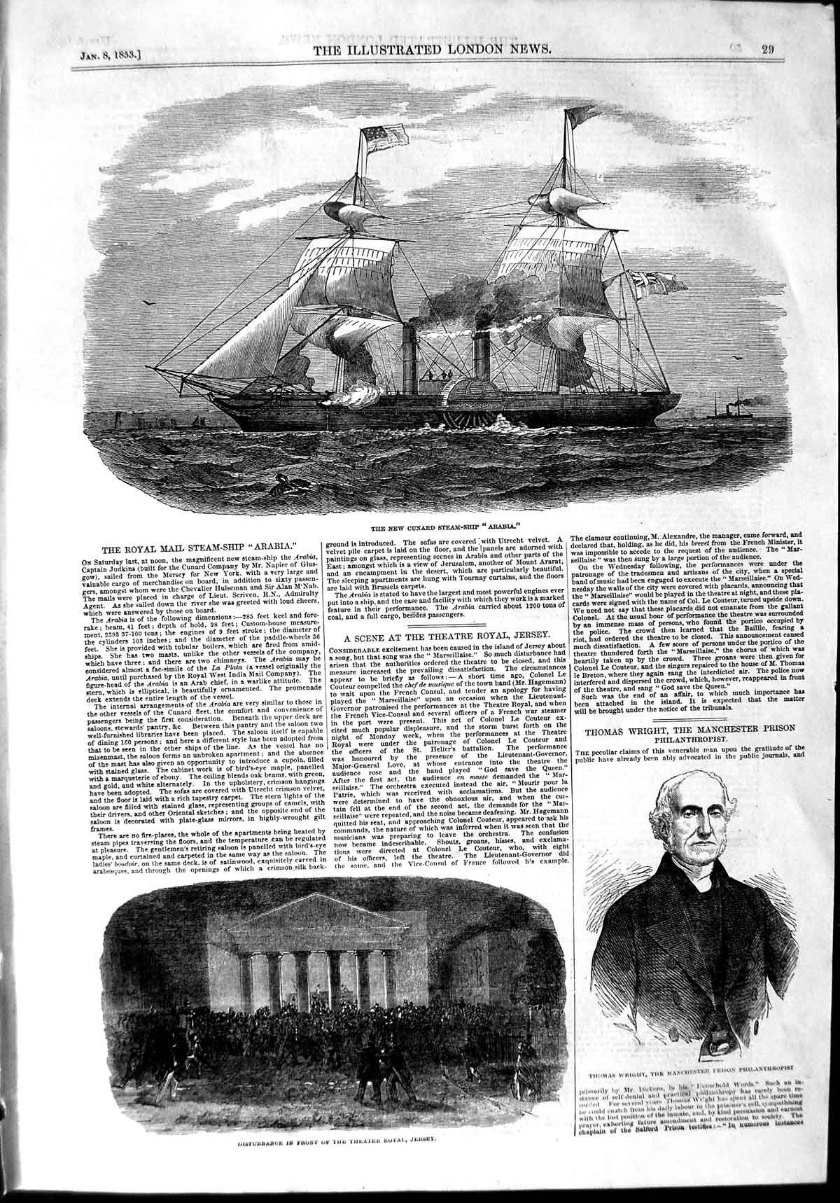Original Old Antique Print 1853 Cunard Steam Ship Arabia Theatre Jersey 19th