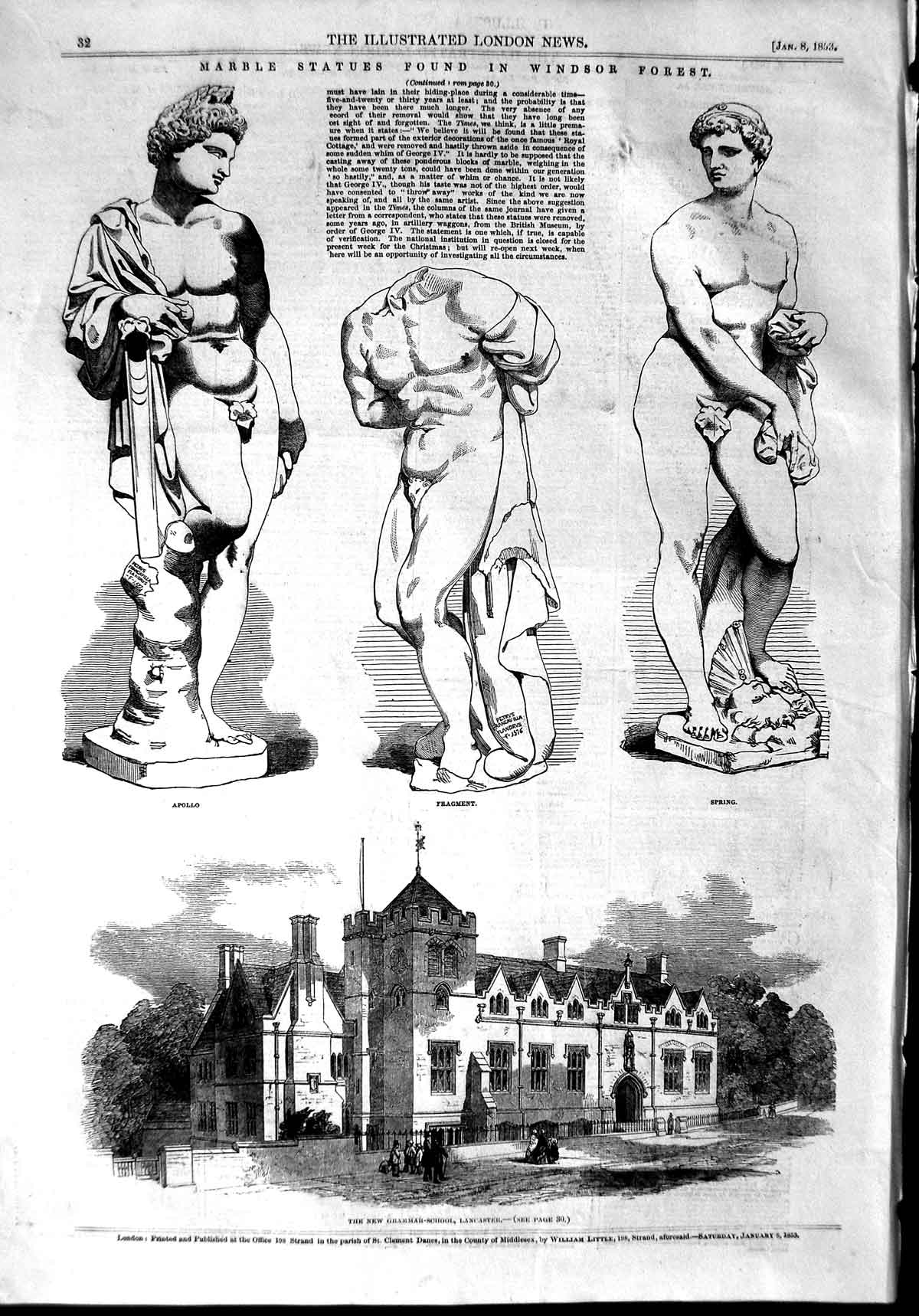 Original Old Antique Print 1853 Statue Windsor Forest Grammar School Lancaster